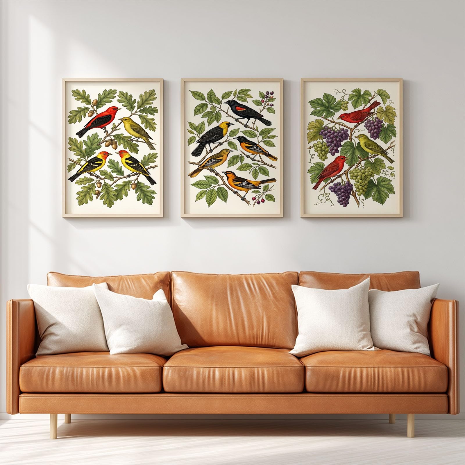 Sztuka ścienna na płótnie w stylu vintage, 40 x 50 cm, 3 sztuki | Roślina winogrona ptak wydruki na płótnie grafika malarstwo, dekoracja domu sztuka ścienna do sypialni salonu biura