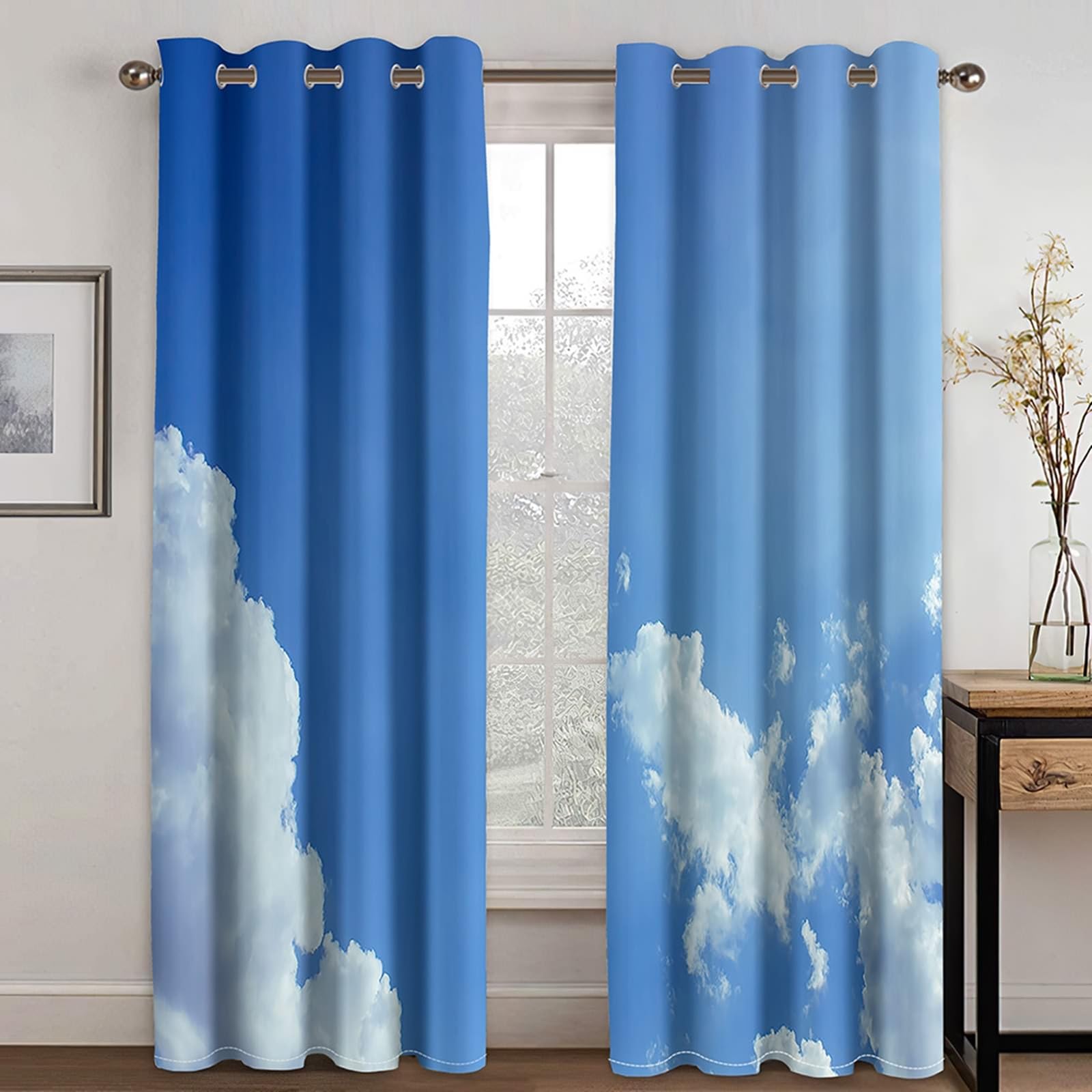 1 Paire Rideau Occultant Fenetre, Rideaux Opaque Occultant à Oeillets Paysage de Ciel et de Nuages Rideau de Fenêtre pour Chambre Salon Intérieurs, 86x214 CM(LxH), Bleu