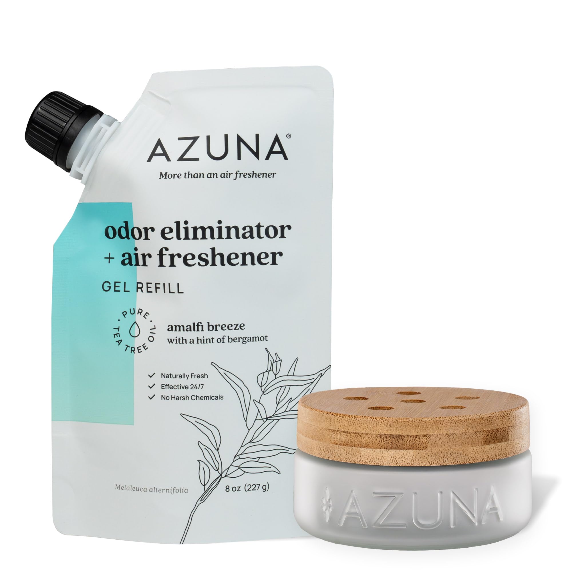 Azuna Air Freshener & Odor Eliminator for Strong Odor | 1 Room Kit Includes (1) Empty Luxe Glass Jar & 8oz Refill with Tea Tree Essential Oil Gel |