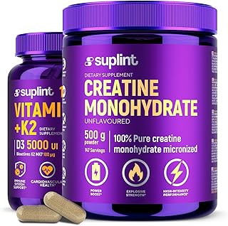 Creatin Monohydrat + Vitamin D3 K2 Bundle – 100% reines, mikronisiertes Creatin Pulver (500 g, 147 Portionen) + 5000 IE Vitamin D3 & 100 µg K2 MK-7 – Vegane Kapseln – GMP & laborgeprüft