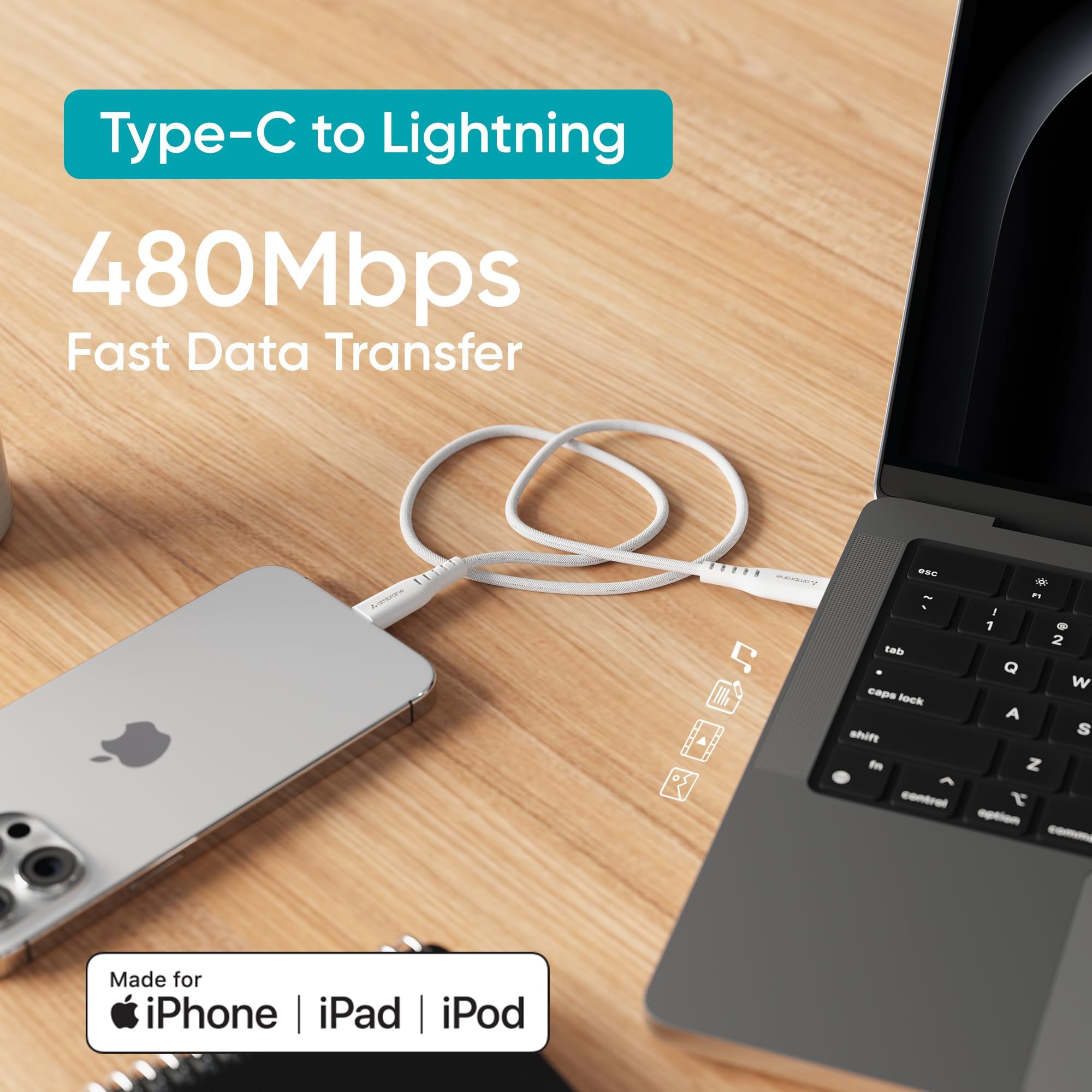 Ambrane Mfi Certified Type C To Lightning Cable, 27W Fast Charging For Iphone 14/13/12/11/X/8/7/6, Ipad & Airpods, 480Mbps Data Sync, Durable Braided Design, Car/Travel-Friendly, 3.9Ft (1.2M), White image_2