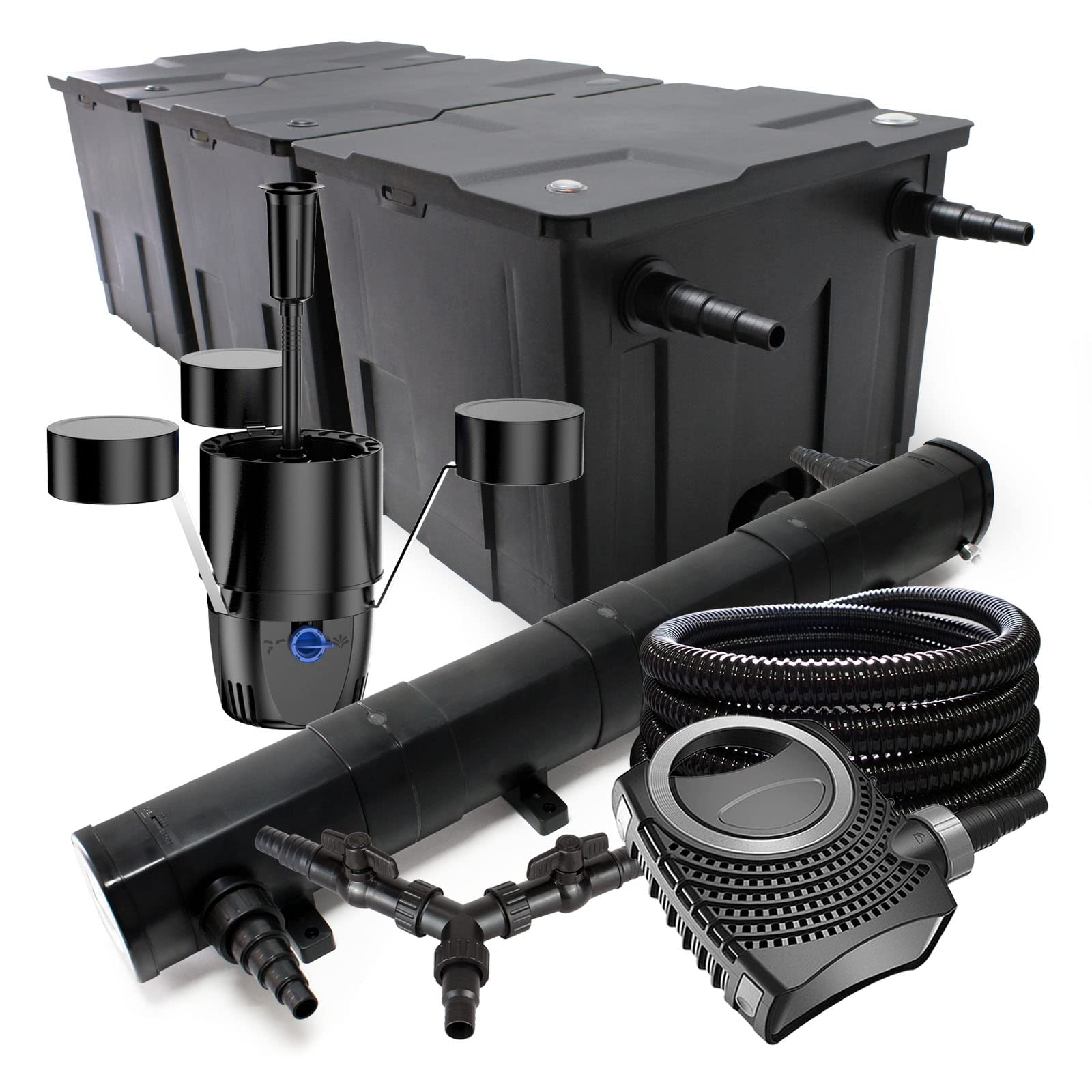 SunSun Kit complet: CBF-350C Filtre de bassin jusqu'à 90000 L, NEO10000 pompe de filtration 10000l/h 80W, CUV-272 lampe uv 72W, 25m Tuyau 25 mm, CSP-250 Écumeur 2500l/h 45W, Y-distributeur