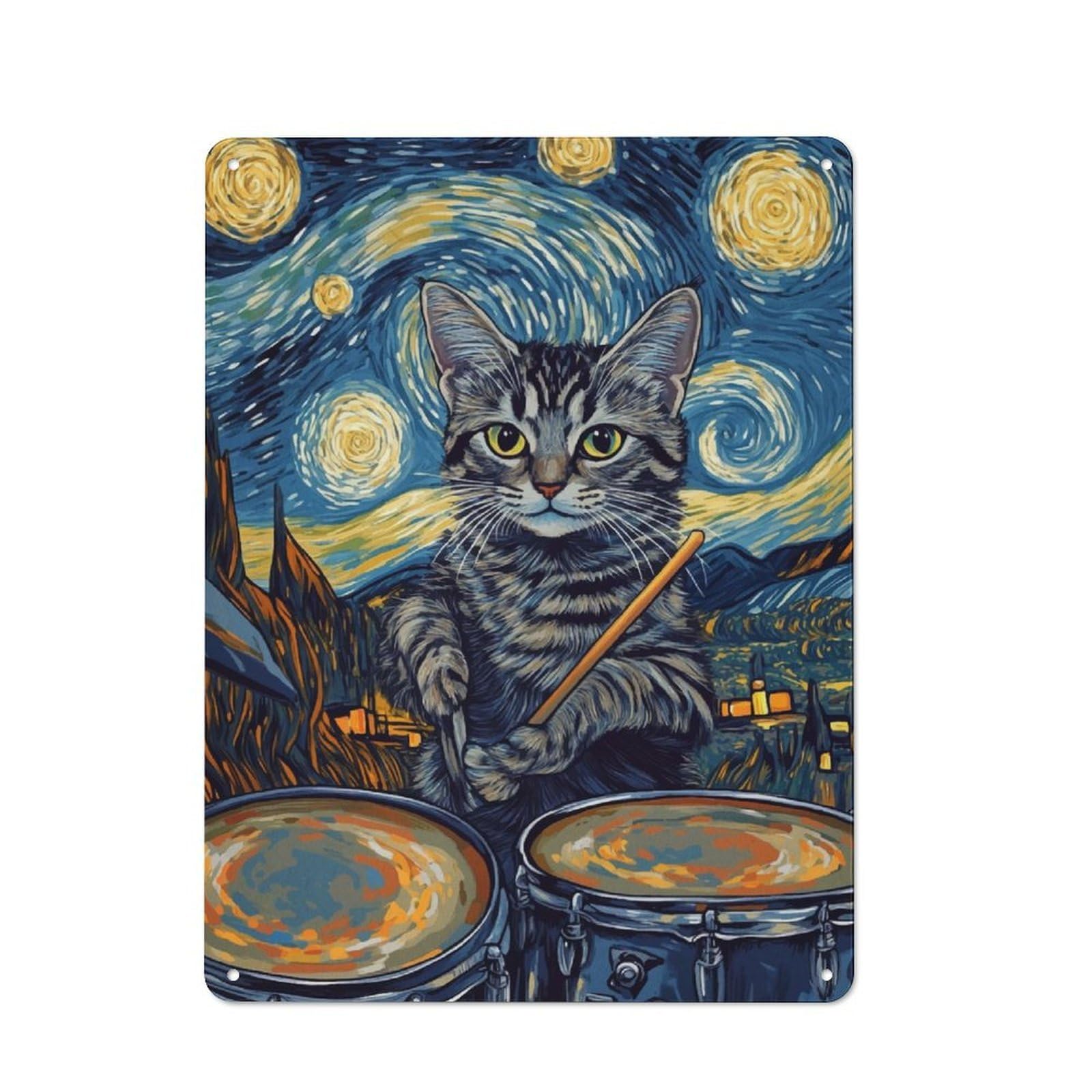 Junmoney Cat Drummer Starry Night Retro Metal Plaque 40X30cm Featuring For Home Bar Wall, For Room Styling Across Home Bars And Entertaining Spaces