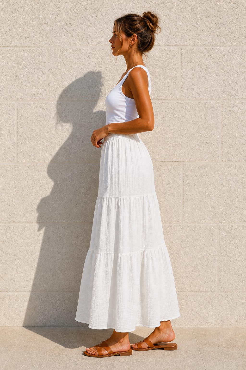 Van Der Rich ® - Gonna Lunga in Garza di Cotone Stile Boho con Volant e Vita Elasticizzata - Donna