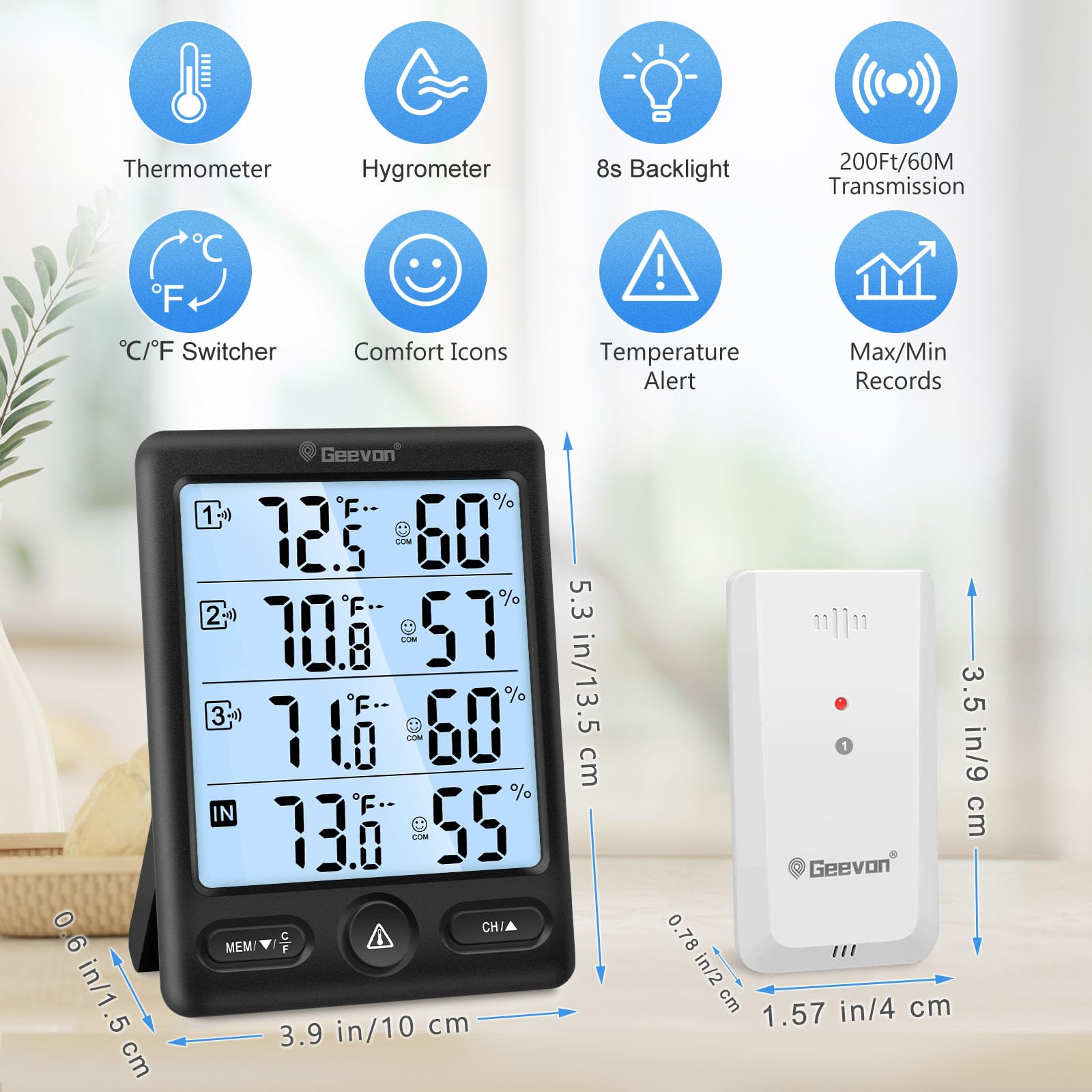 Geevon Thermomètre d'intérieur et d'extérieur sans fil avec 3 capteurs à distance, écran de 12,7 cm, thermomètre hygromètre numérique, moniteur de température et d'humidité avec rétroéclairage 8S