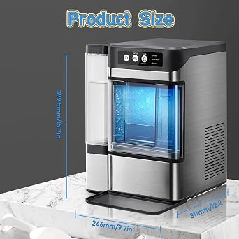 Nugget Ice Maker, Chewable Pellet Ice Machine with Side Water Tank, Produces 38 Lbs in 24 Hours, Self-Cleaning and One-Click Operation, Stainless Steel for Home and Office