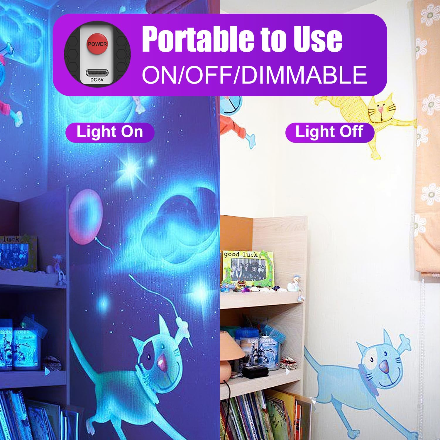 Wiederaufladbare Schwarzlicht, 31 cm 50 LEDs UV Schwarzlichtlampe mit 3600mAh Akku, 3 Modi (Hoch, Niedrig, Blinken), Type-C Ladekabel, Tragbar für Glow-Partys, Body Art und Home-Deko