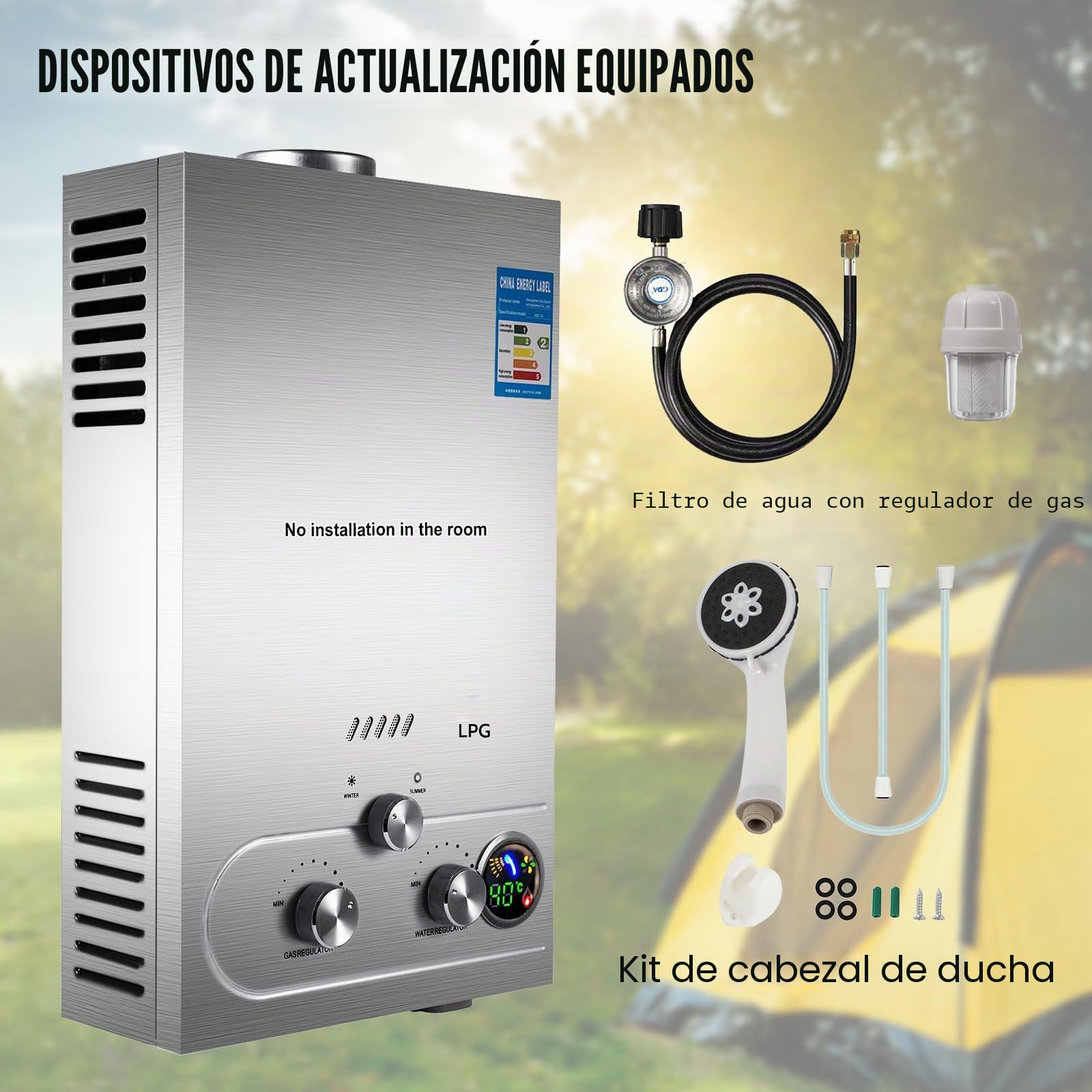 Calentador de agua de gas, 6LPM, calentador de agua instantáneo con gas, camping, GLP, propano, butano, 12 kW, acero inoxidable, presión de agua ultra baja, adecuado para la familia, autocaravanas