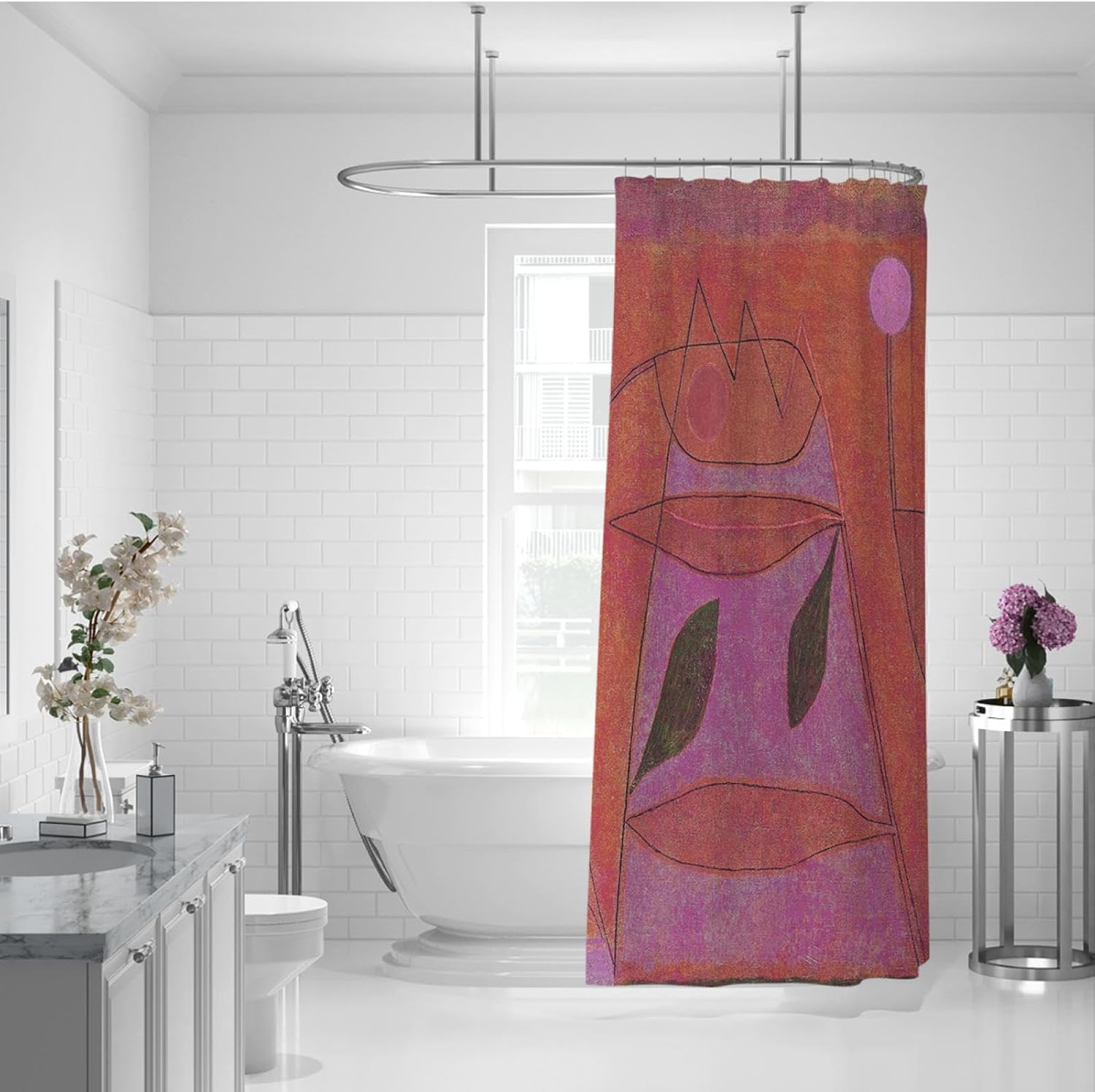 Red Shower Curtain Liner Cartoon Cute Bathroom Decor Sets with Hooks Paul Klee Aesthetic Kids Shower Curtains Polyester Fabric Bath Curtain 72Wx72L