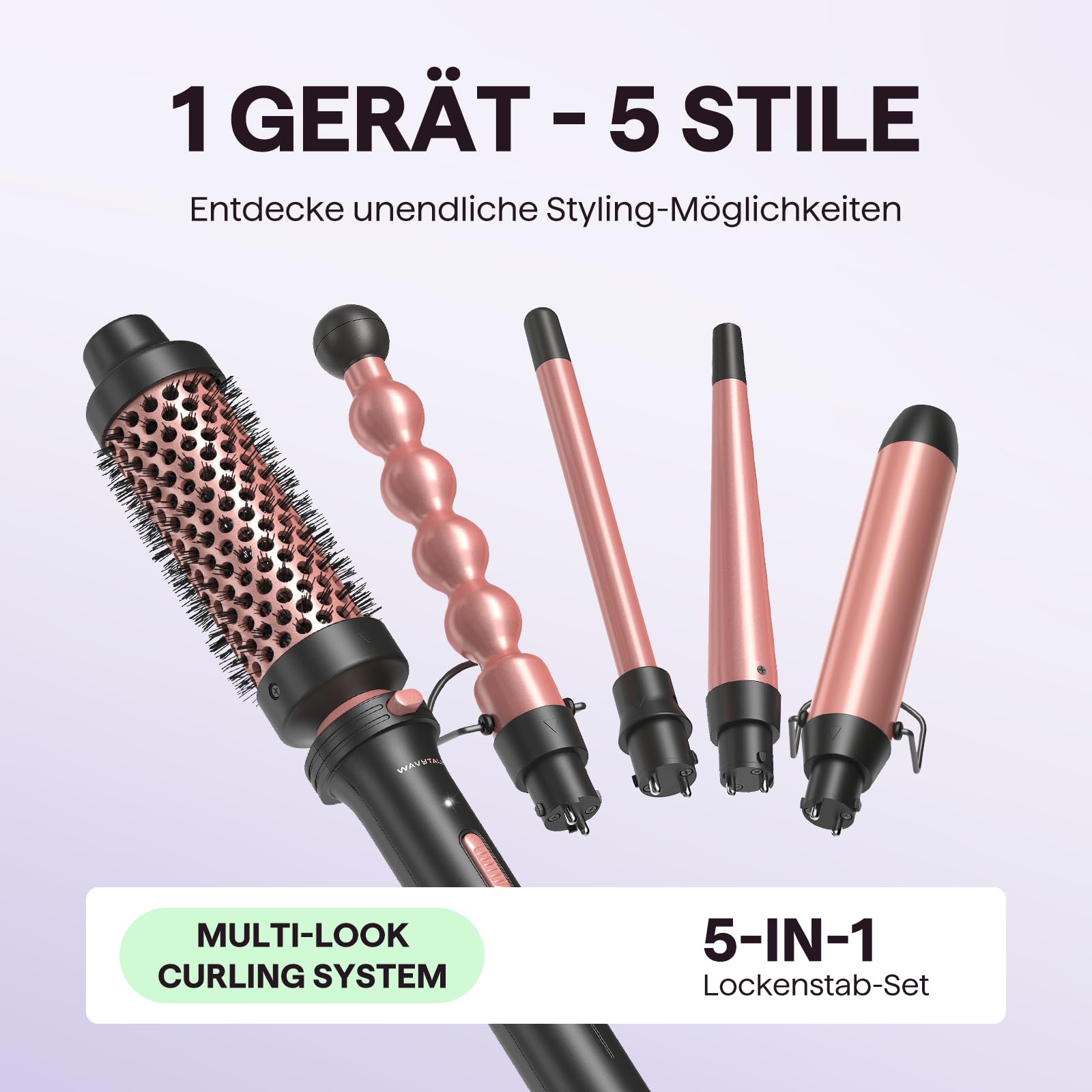 Wavytalk Lockenstab 5-in-1 mit Thermobürste für Große und Kleine Locken | Thermobürste + 4 Lockenaufsätze 13–32 mm für Blowouts und Verschiedene Stylings, 150–210 °C, 30 Sek Aufheizzeit, Dualspannung