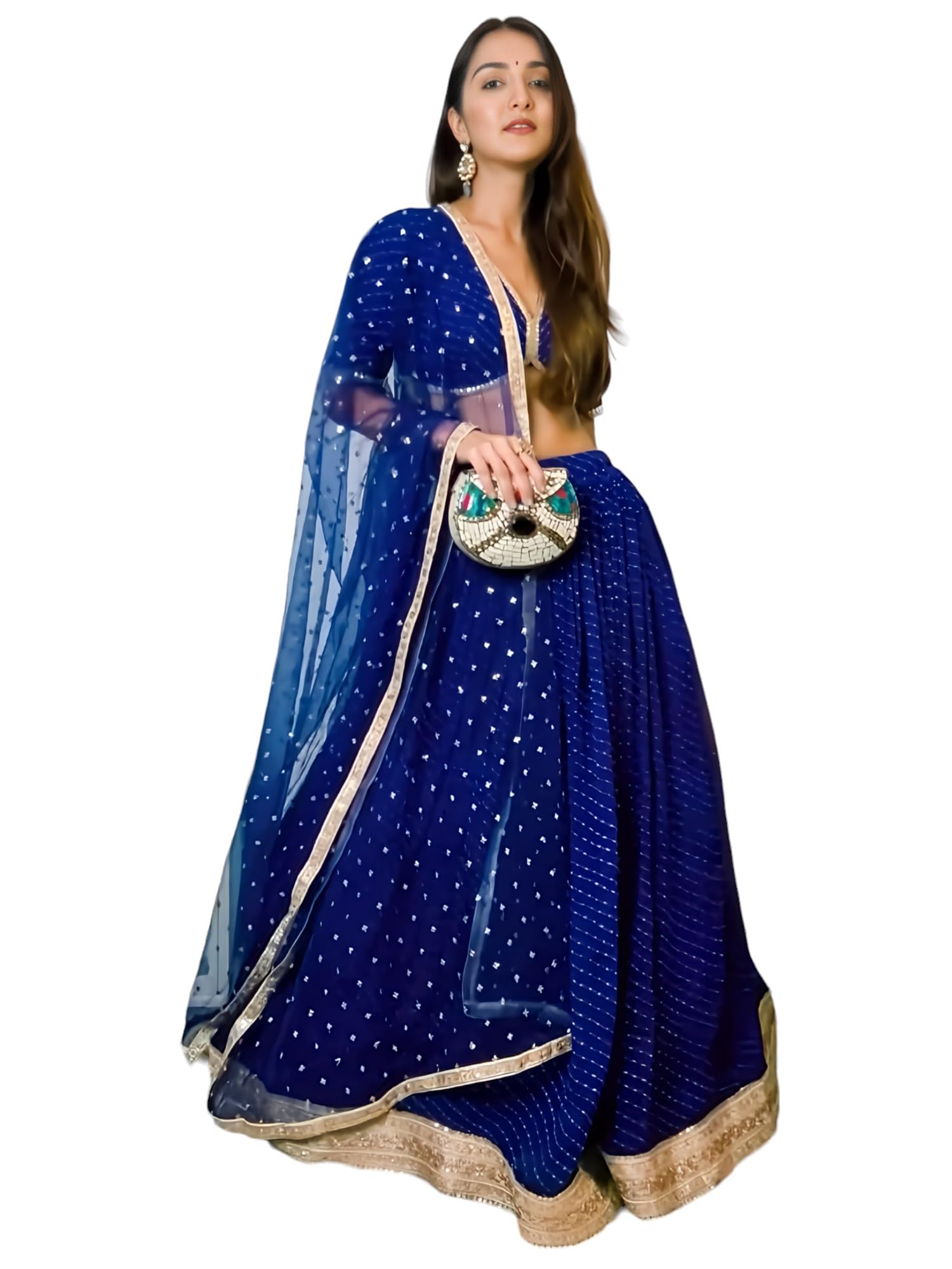 zeel clothing Women's Embroidery Border With Leheriya Print Pure Georgette New Semi-stitched Lehenga Choli Set With Dupatta (5080-Blue-Stylish-Wedding-Designer-New; Free Size) (Royal Blue)-picture-18