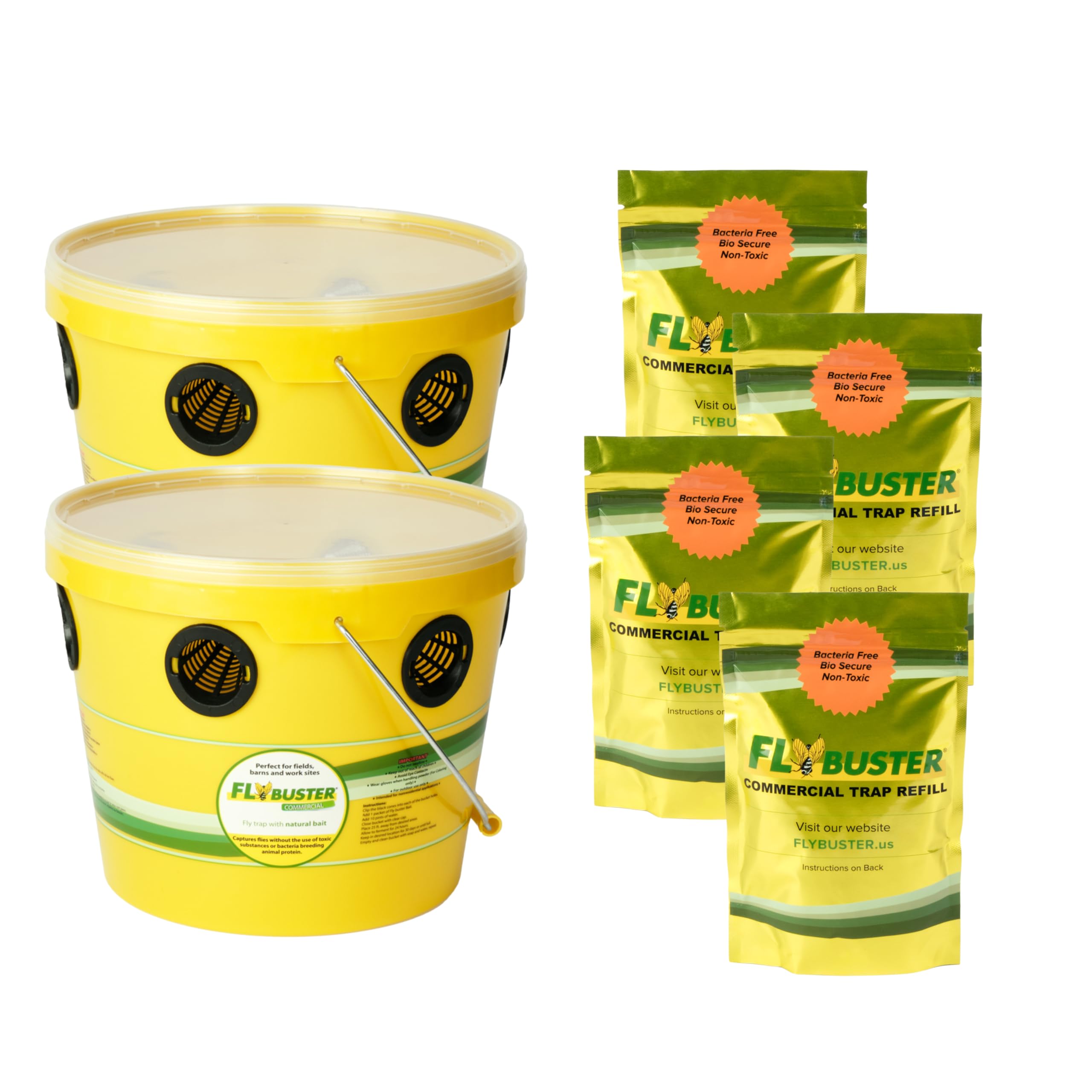 Flybuster Fly Trap | Outdoor Device for Catching Flies | 10-Liter Commercial Size (2-Pack) | Comes with Two Flytraps and 4 Bait Packets | 2,000,000 Fly Capacity | Non-Toxic | Child & Pet Safe