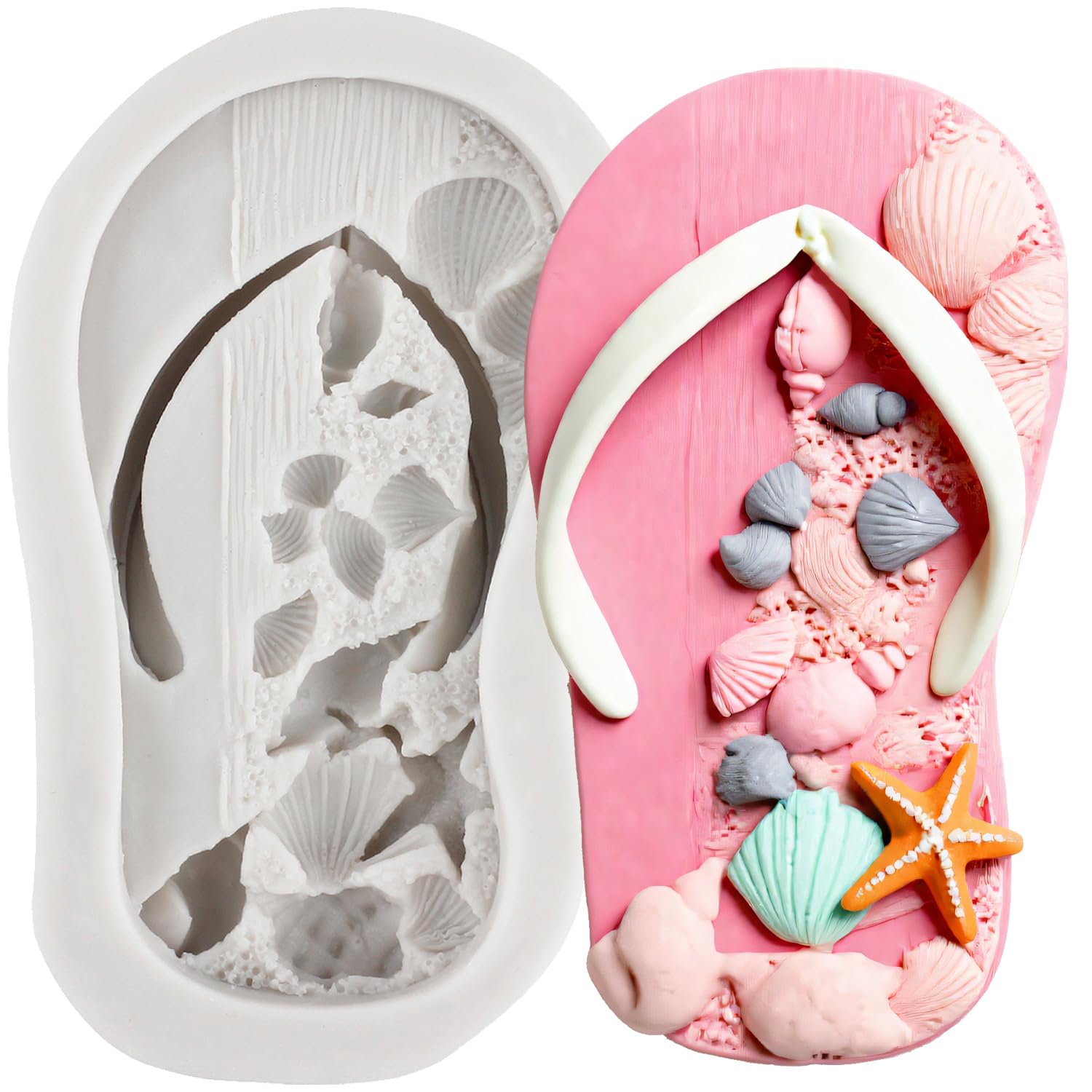 Sijiangmold Summer Vocation Travel Fondant Mould Beach Slipper Silicone Moulds Shell Starfish Conch Moulds Mould for Cake Decoration Chocolate Cupcake Topper Candy Polymer Clay Gum Paste