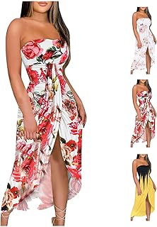 Modedress Summer Dresses for Women Casual Strapless Floral Maxi Dress Sexy Splite Asymmetrical Dress Beach Pleated Wrap Dress
