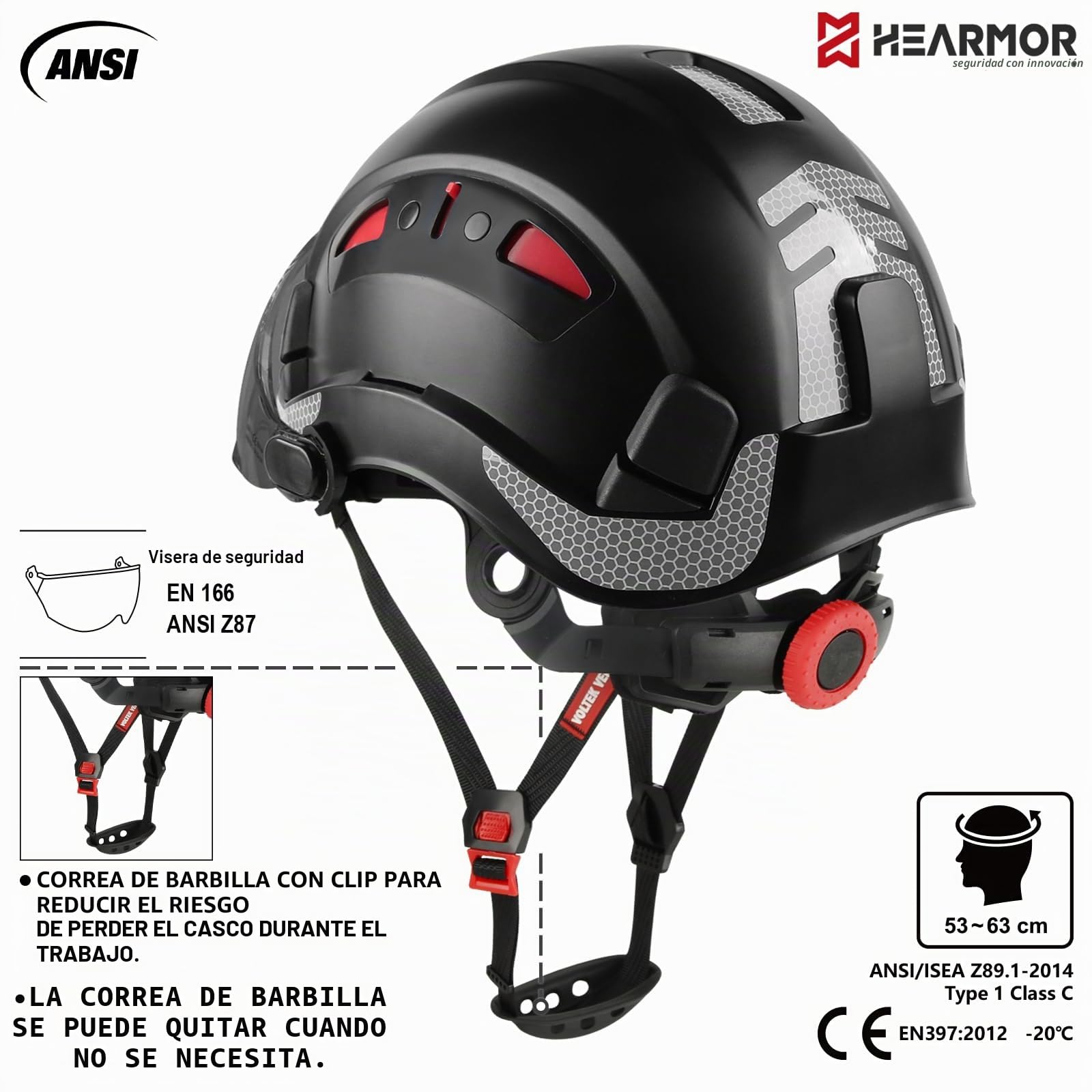 HEARMOR Casco de seguridad para casco de protección de obras, EN 397, casco de trabajo ventilado para adultos, sistema de trinquete ajustable con visera opcional en transparente y ahumado