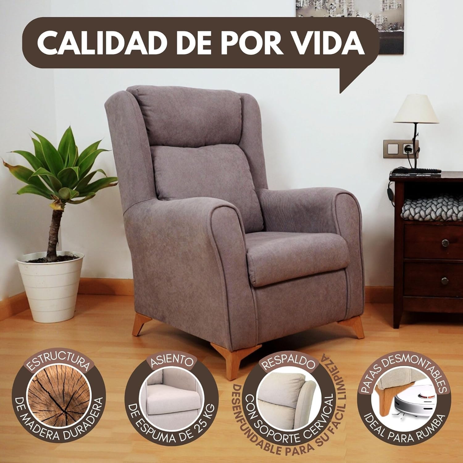 HOME DESIGN & CONFORT® Sillón Modelo Madrid con Respaldo y Asiento Desenfundable para Dormitorio, Salón, etc | Butacas de Salon de Fibra de Silicona (Beige)