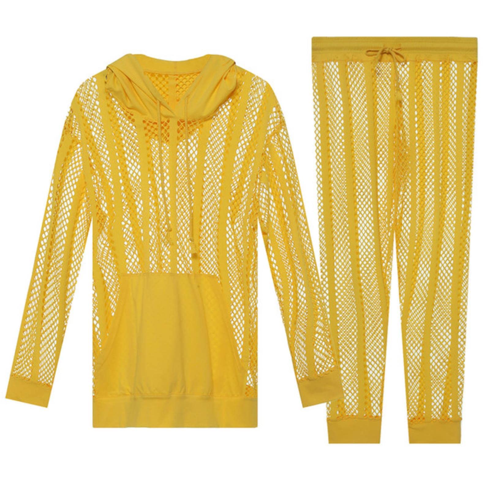 Sweat à capuche en résille sexy jaune XL vêtement de club pour homme