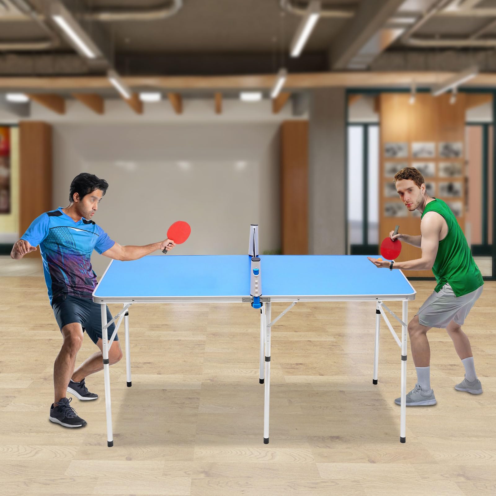 Set di mini tavolo da ping pong, pieghevole, per interni, con rete, 2 racchette e 3 palline, durevole e stabile, gioco per interni ed esterni, per casa e in viaggio (152 x 76 x 76 cm), blu