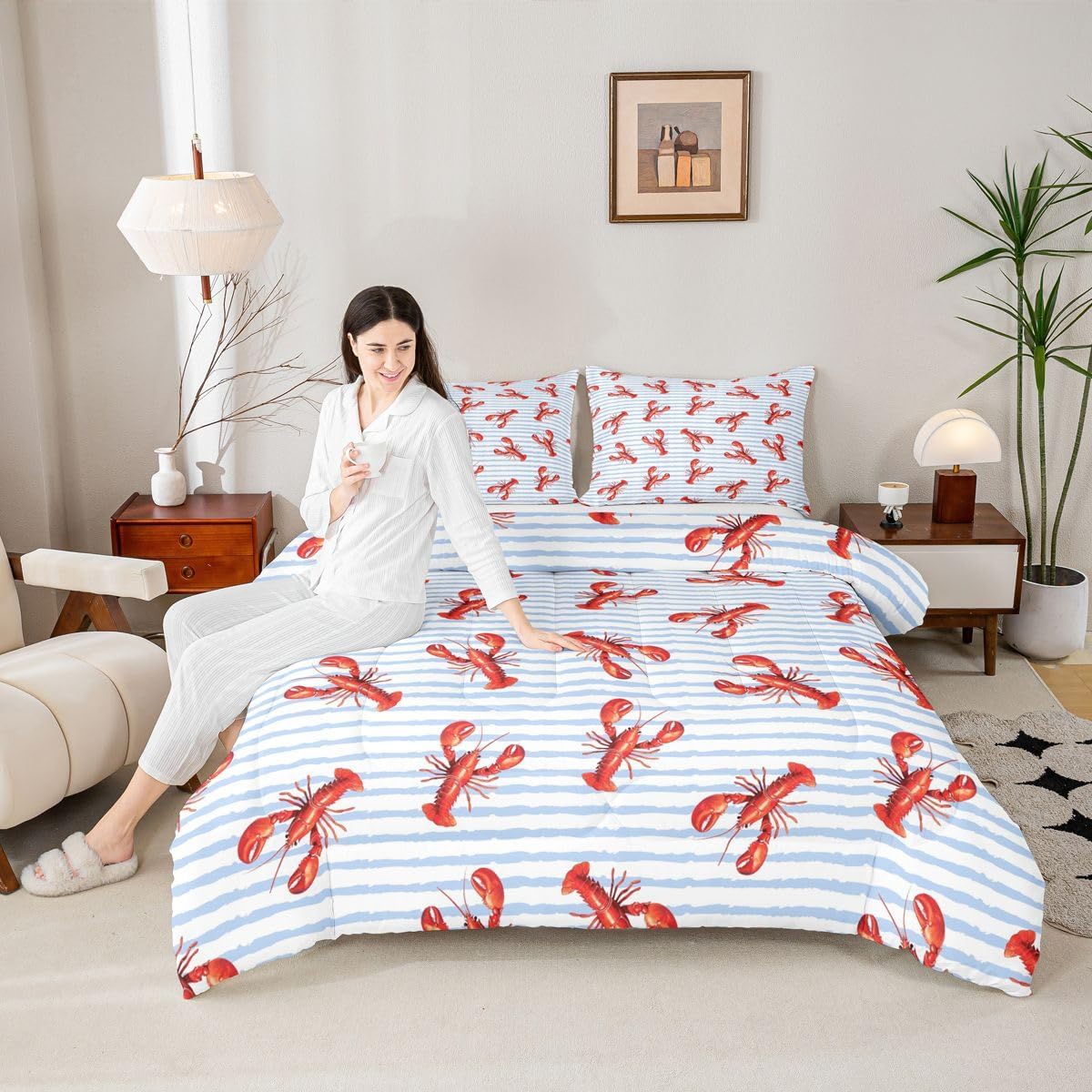 Erosebridal Lobster Comforter Set Twin Nautical Bedding Set Retro Cartoon Ocean Stripes Marine Life Sea Wild Animals Down Comforter Red Blue Aquatic Sea Coastal Seaside Vintage Rustic Quilted Duvet