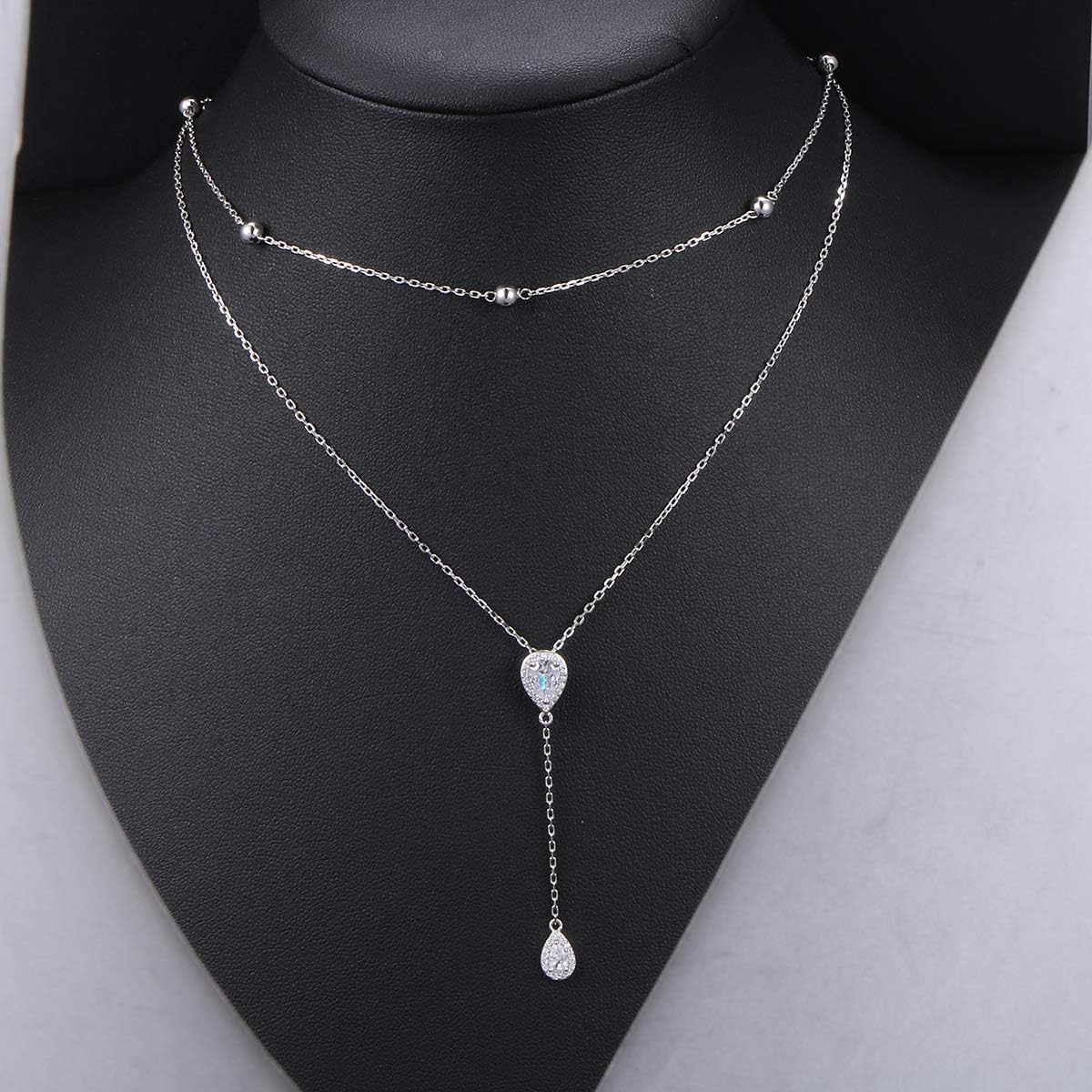 Collana girocollo a strati S925 in argento sterling regolabile multistrato goccia pendente Y Lariat perline collana gioielli regali per donne ragazze, 16+18+3 Zoll, Argento sterling, Zirconia cubica
