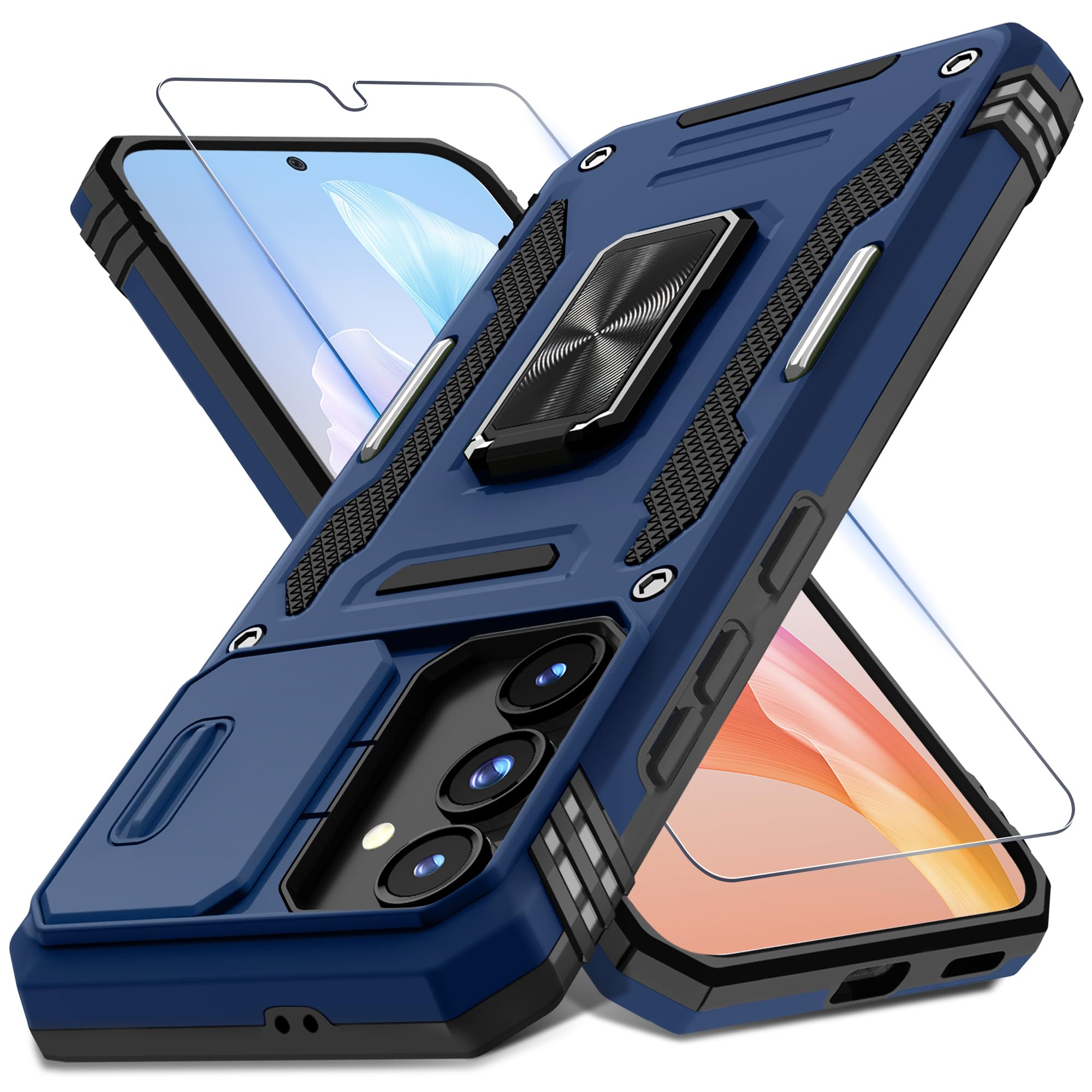 DEERLAMN Case for Samsung Galaxy S24 FE 6.7-Inch with Slide Camera Cover+Screen Protector(1 Pack), Rotated Ring Kickstand Military Grade Shockproof Protective Cover-Navy Blue