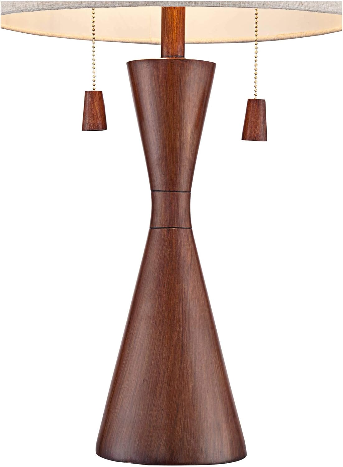 Warm Brown Faux Wood Hourglass Table Lamp with Oatmeal Fabric Shade
