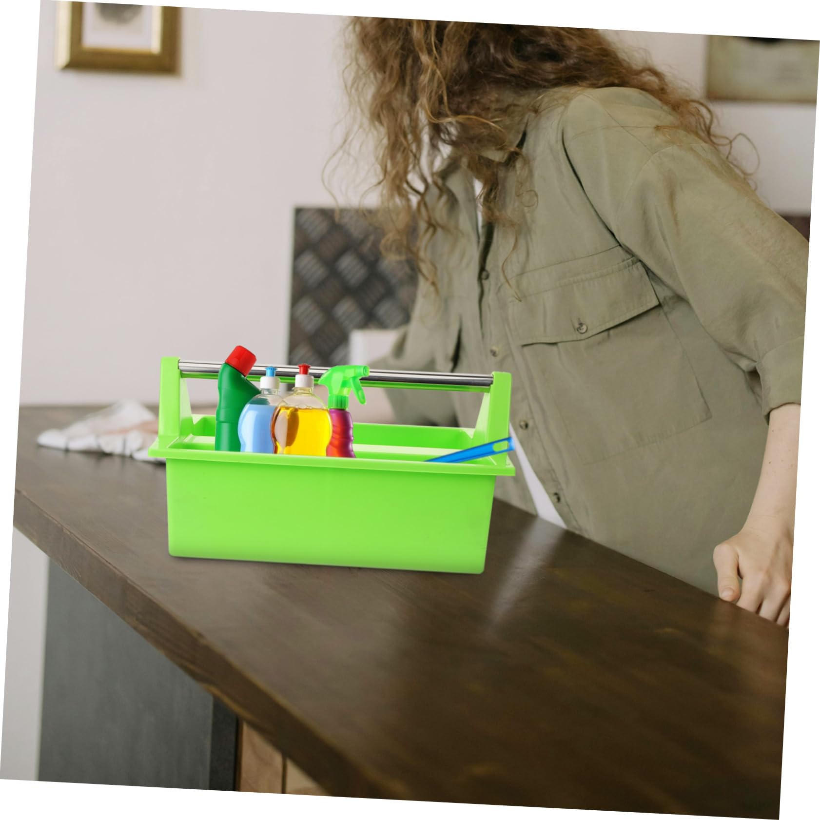 Cabilock Cesta de Limpieza Asa, Plástico Verde, 2 Compartimentos | Organizador Doméstico, Huecos Separados para Escobillas y Paños, Formato Portátil para Orden de Útiles