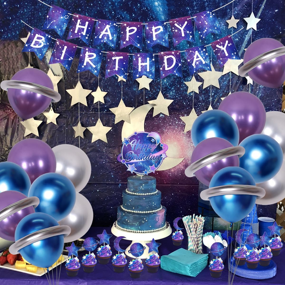 Galaxy Birthday Party Decorations for Kids Galaxy Happy Birthday Banner Outer Space Metallic Balloons Planet Star Cake Toppers for Solar System Themed Bday Party