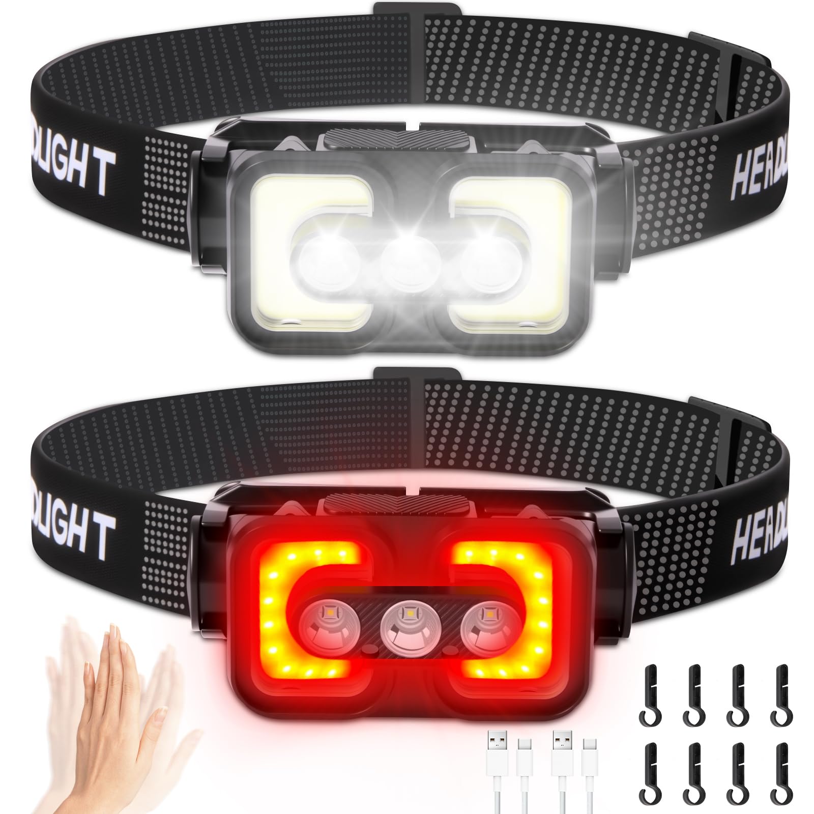 Linterna frontal LED recargable con sensor de movimiento blanca + luz roja para adultos y niños, impermeable, ligera, luces de cabeza de senderismo para acampar al aire libre, correr, pesca, 2
