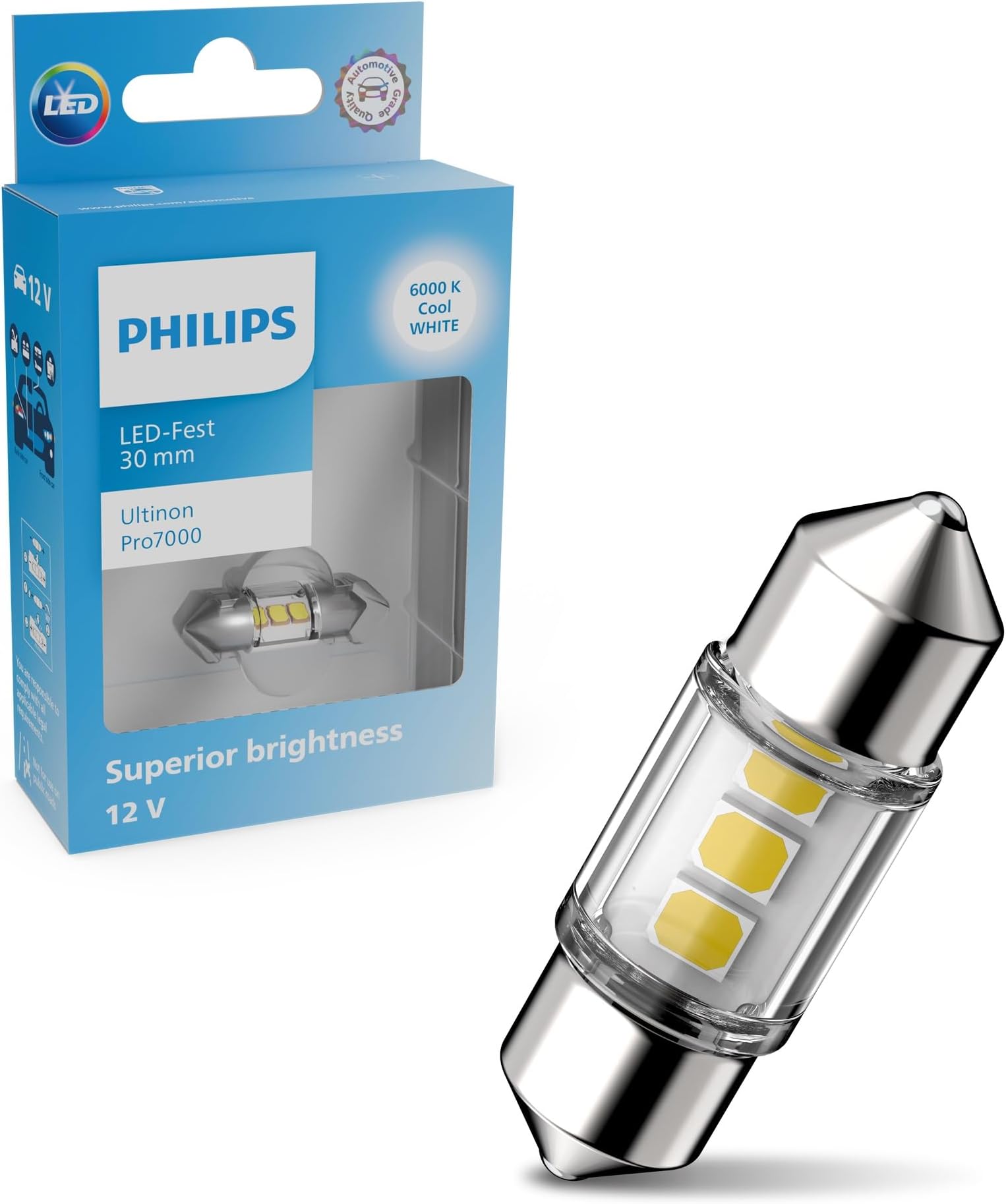 Philips automotive lighting Ultinon Pro7000 LED Festoon car signaling bulb, 6.000K cool white, 30mm, 12V