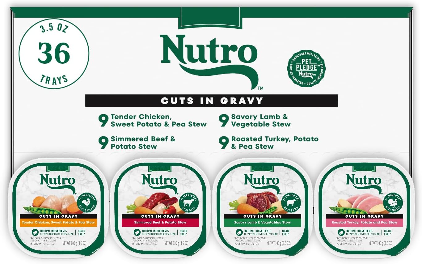 Nutro Natural Choice Cuts in Gravy Wet Dog Food, Grain Free Dog Food Wet Recipes, Beef, Lamb, Chicken, and Turkey Variety Pack, 3.5 oz. Trays (36 Count)
