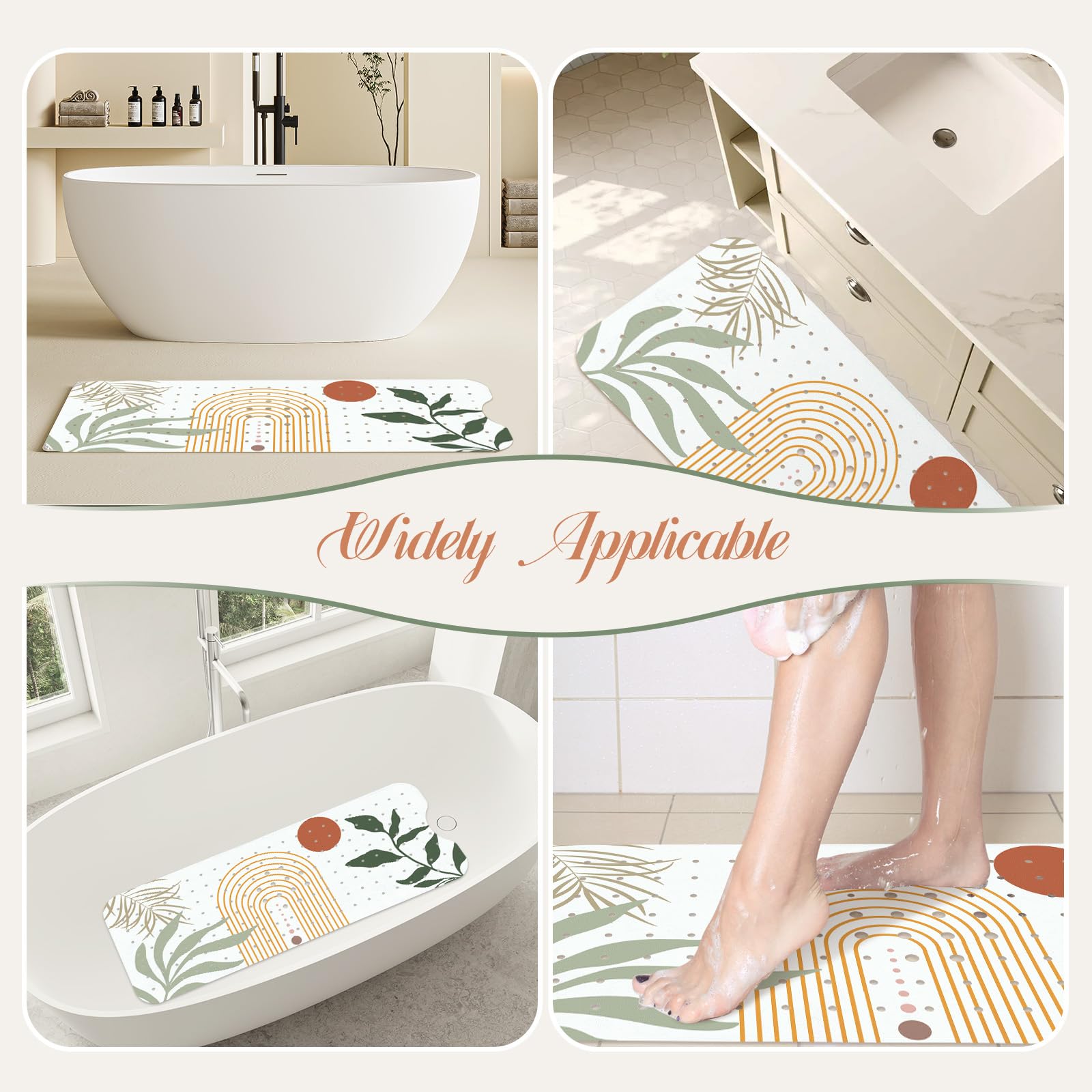 Badewannenmatte Mit Saugnäpfen, 101x40 Cm, Rutschfest Mit Palmen-Boho-Muster – Extra Lange Duschmatte Für Badewanne Und Dusche