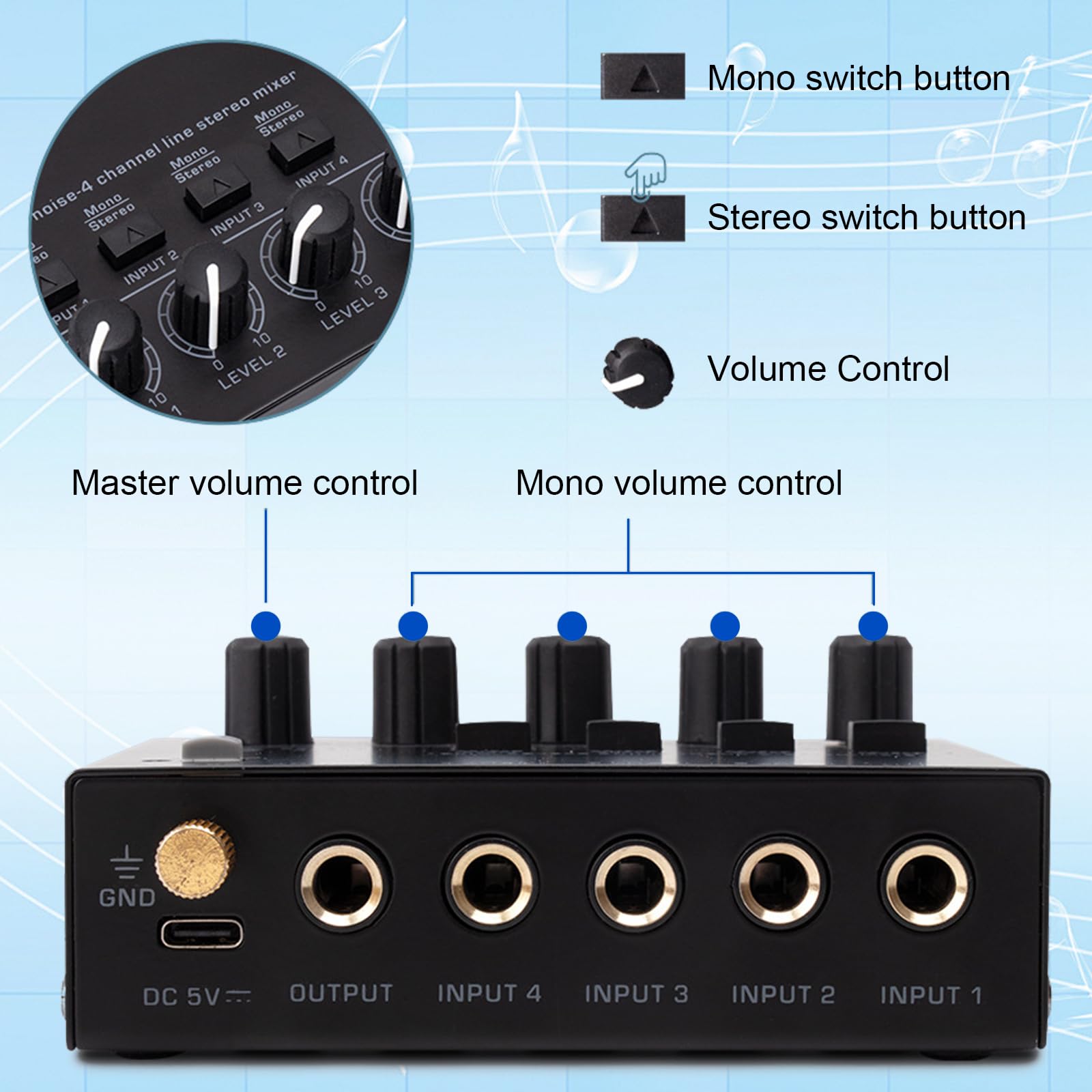 Mélangeur Audio à 4 Canaux: Mixeur Audio Stéréo Avec Réglage Du Volume, Mini Audio Mixer Avec Câble De Commutation De 3,5 Mm à 6,35 Mm Pour Guitare Basse Microphone Dj Musique Studio
