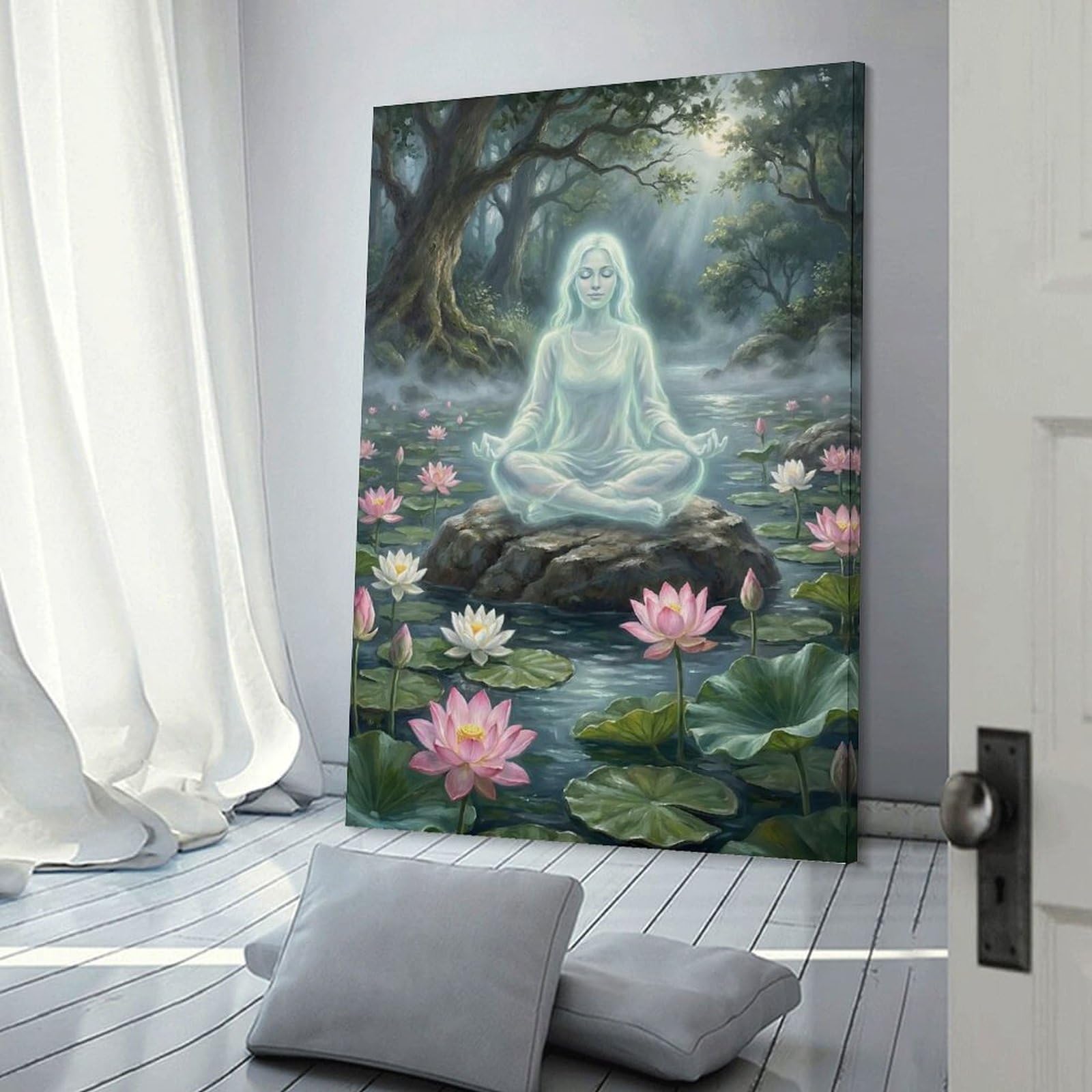 Junmoney Frame-Style-20 Serene Woman Meditating In Lotus Pond Wall Decor Canvas Print, 20X30inch(50X75cm), For New Home Styling, Lounge Or Bedroom, Stylish Wall Art For Fresh Spaces