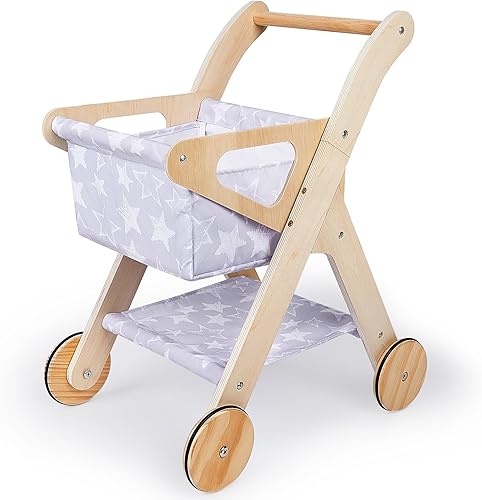 FIOBEE Carrito de compras para niños Carrito de compras de juguete con cesta Juguetes de madera para bebés, carrito de comestibles para niños y