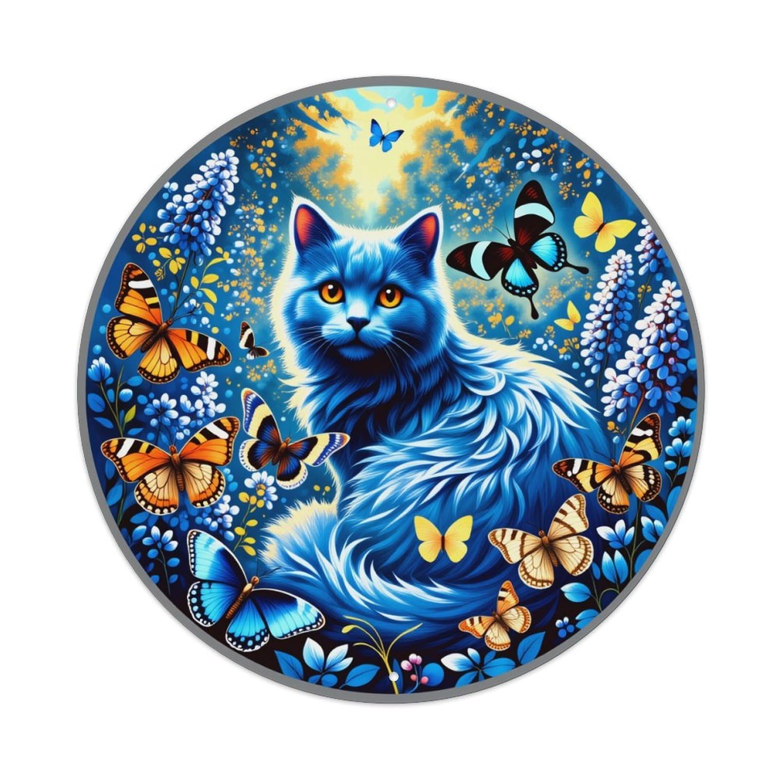 Blue Cat Butterflies Flowers Sky Metal Tin Sign Vintage Garden Bedroom Cafe Bar Man Cave Home Wall Decor Metal Poster 8x8 inches