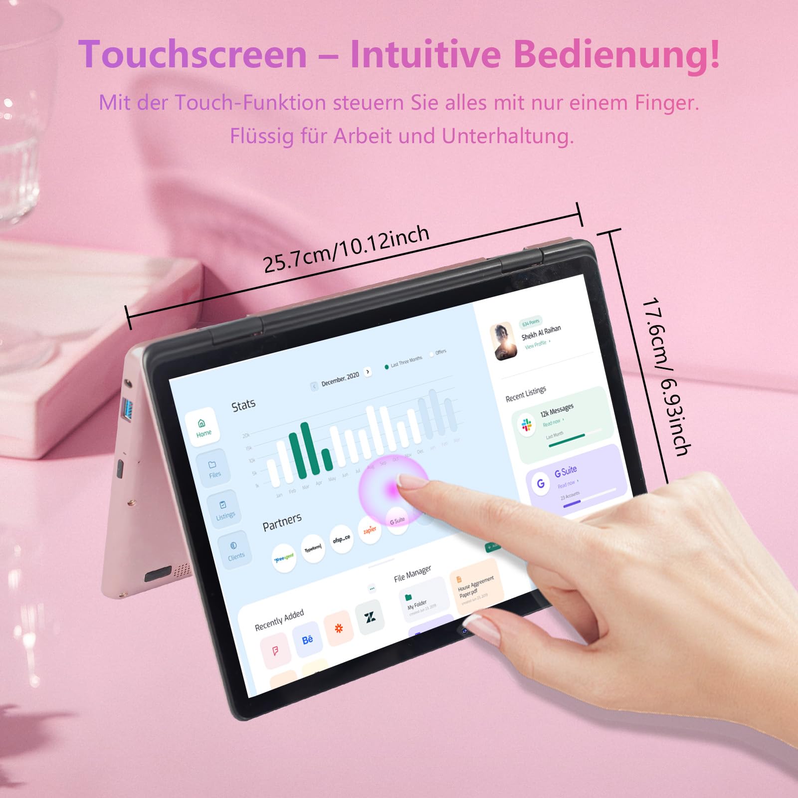 Mini Computer Portatile 2-in-1 10.95 Touchscreen Rotazione 360° Celeron N100 1920x1200 16GB DDR4 Tastiera Italiana BT5.0 Win11 Pro Notebook Rosa 16+512GB SSD