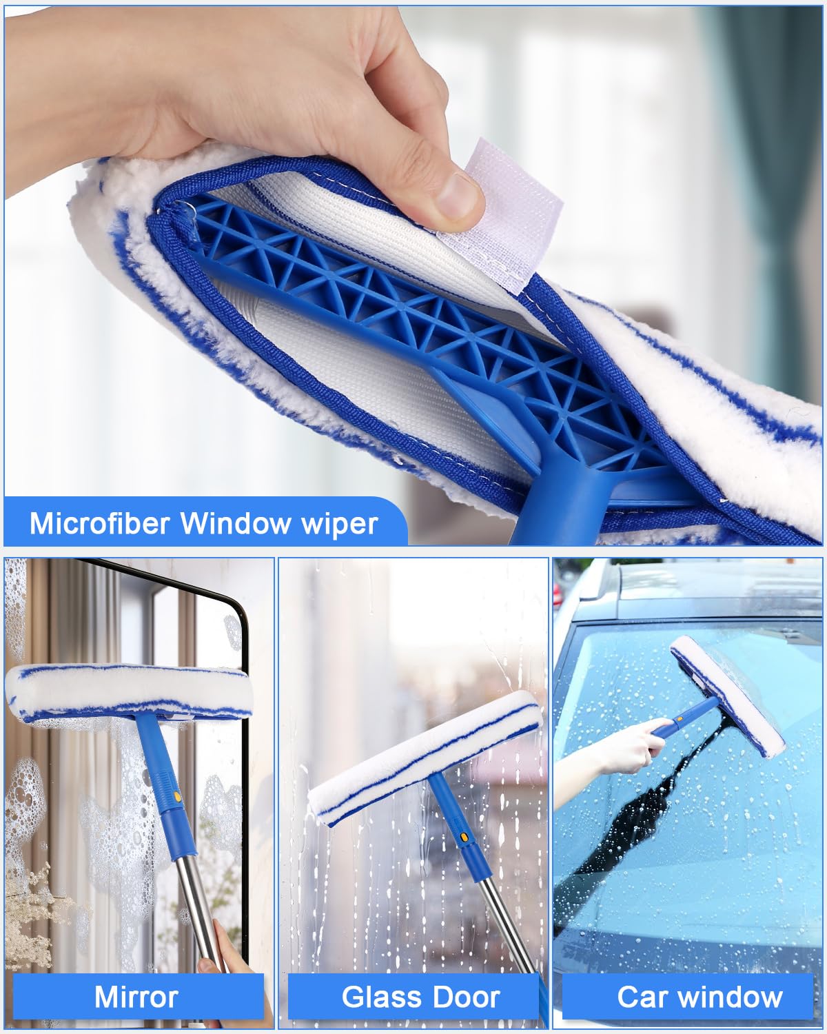Lavavetri Telescopico Kit con 150cm Manico Telescopico 2 in 1 con Spazzola Lavavetri 37cm e Tergivetro per Finestre in Silicone 35cm per Pulizia Vetri Finestre Interni ed Esterni