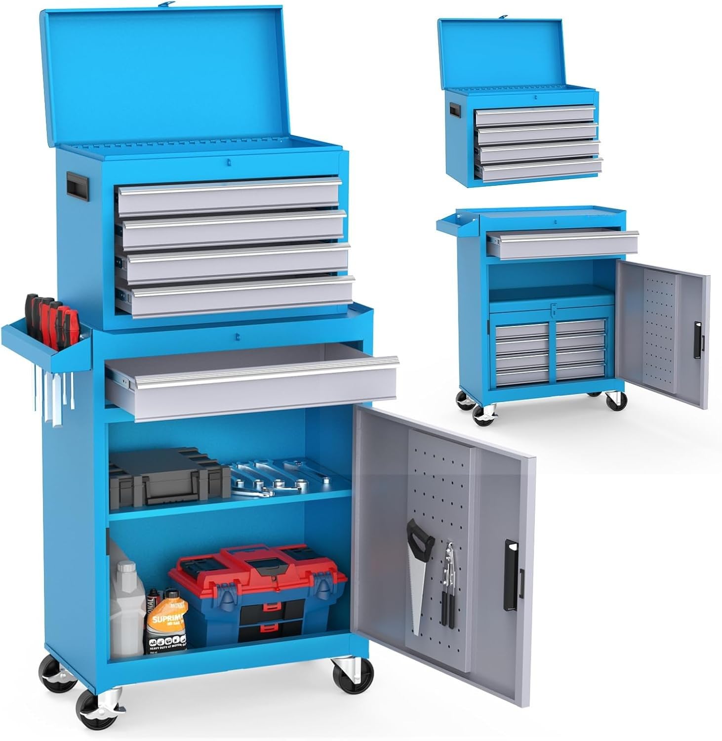 LEADZM Werkstattwagen leer, Werkzeugwagen leer, Werkzeugschrank mit Schloss, Koffer & 5 Fächer & verstellbarem Regal, Kugelgelagerte Schubladen, Metall, 52x28x102cm（Blau）