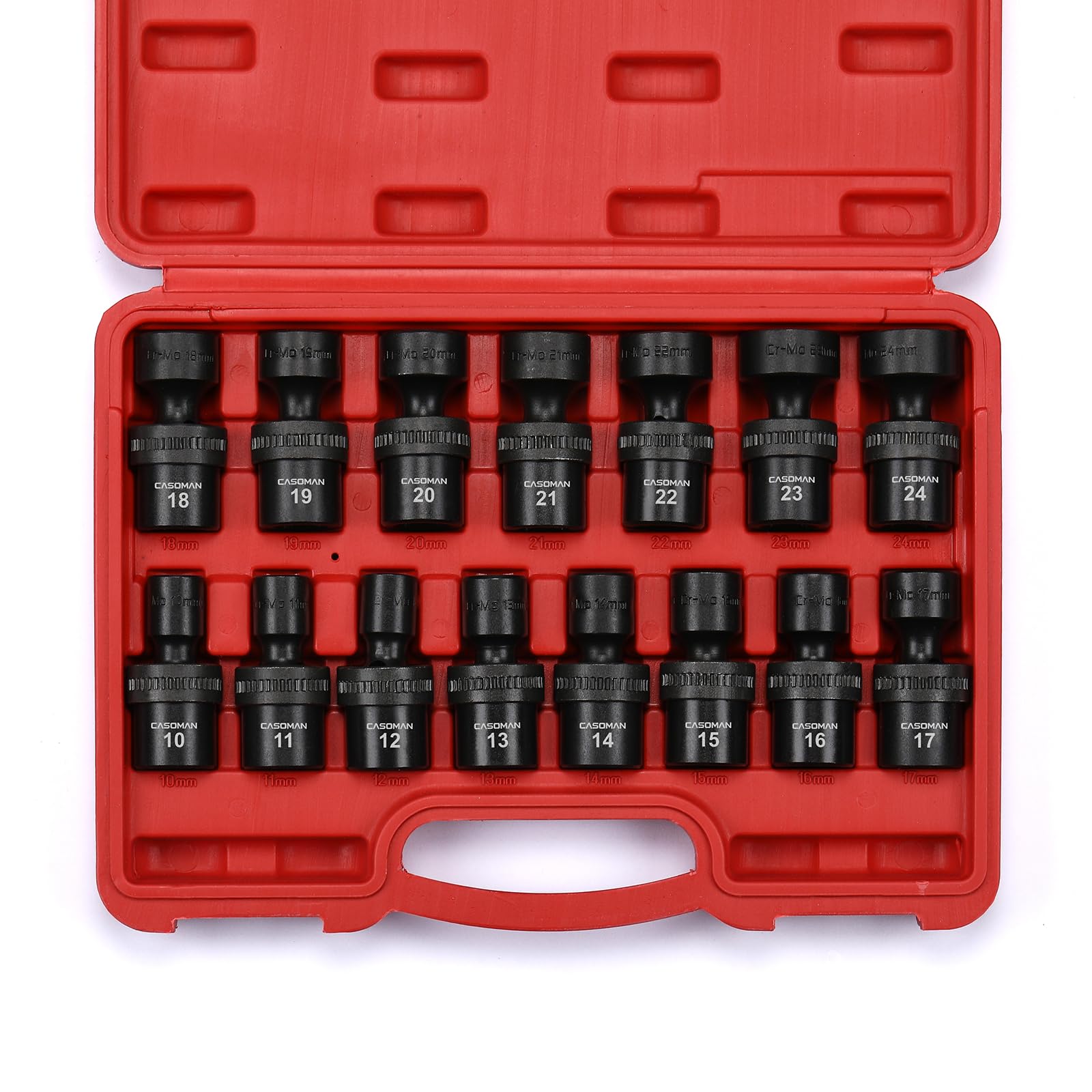 CASOMAN 15 PCS 1/2" Drive Standard Universal Impact Socket Set, 6 Point, CR-MO, Metric,10-24mm, Swivel Socket