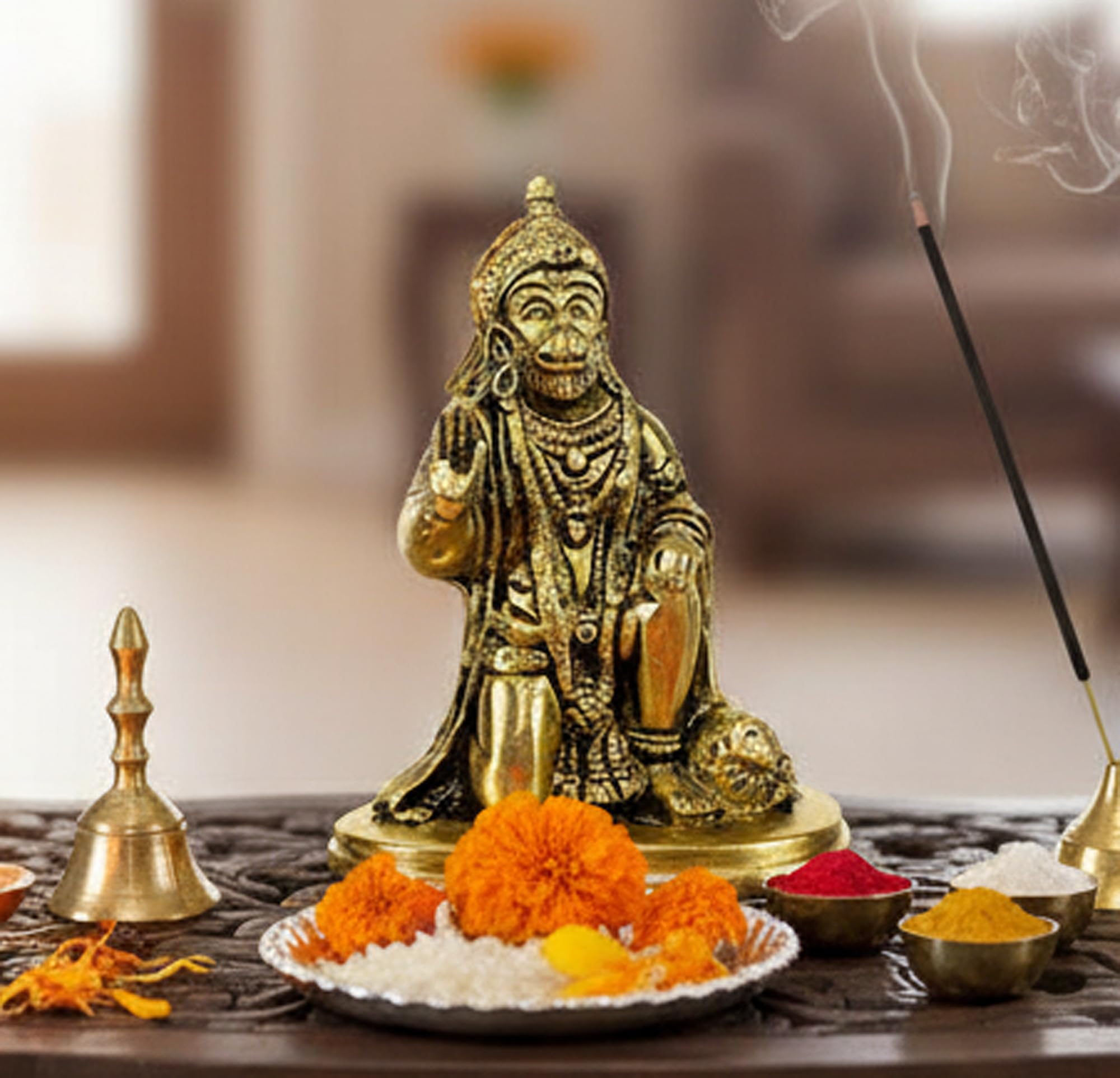 eSplanade Statue Sculpture Brass Ram Darbar (Rama,Sita,Laxman,Hanuman) 4.75" Hanuman Golden