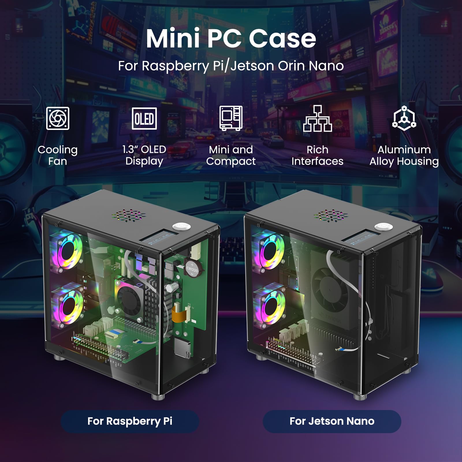 ELECROW Obudowa Mini PC dla Raspberry Pi 5: Obudowa aluminiowa z 3 wentylatorami chłodzącymi, 1,3" wyświetlacz OLED, obsługa PCIe M.2 NVMe SSD 2230/2242/2260/2280, RTC, pełny dostęp do portów