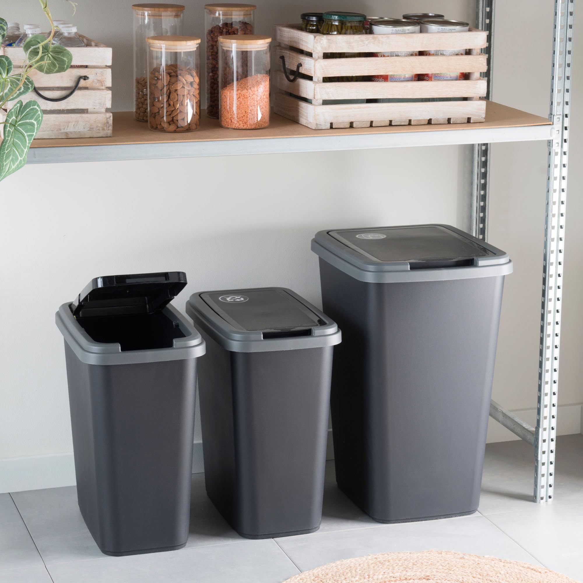 SUNDIS Green Bin, pattumiere per raccolta, 25L, rettangolare, in plastica riciclata, coperchio incernierato o fisso, con adesivi, per cucina, ufficio, lavanderia, garage, officina