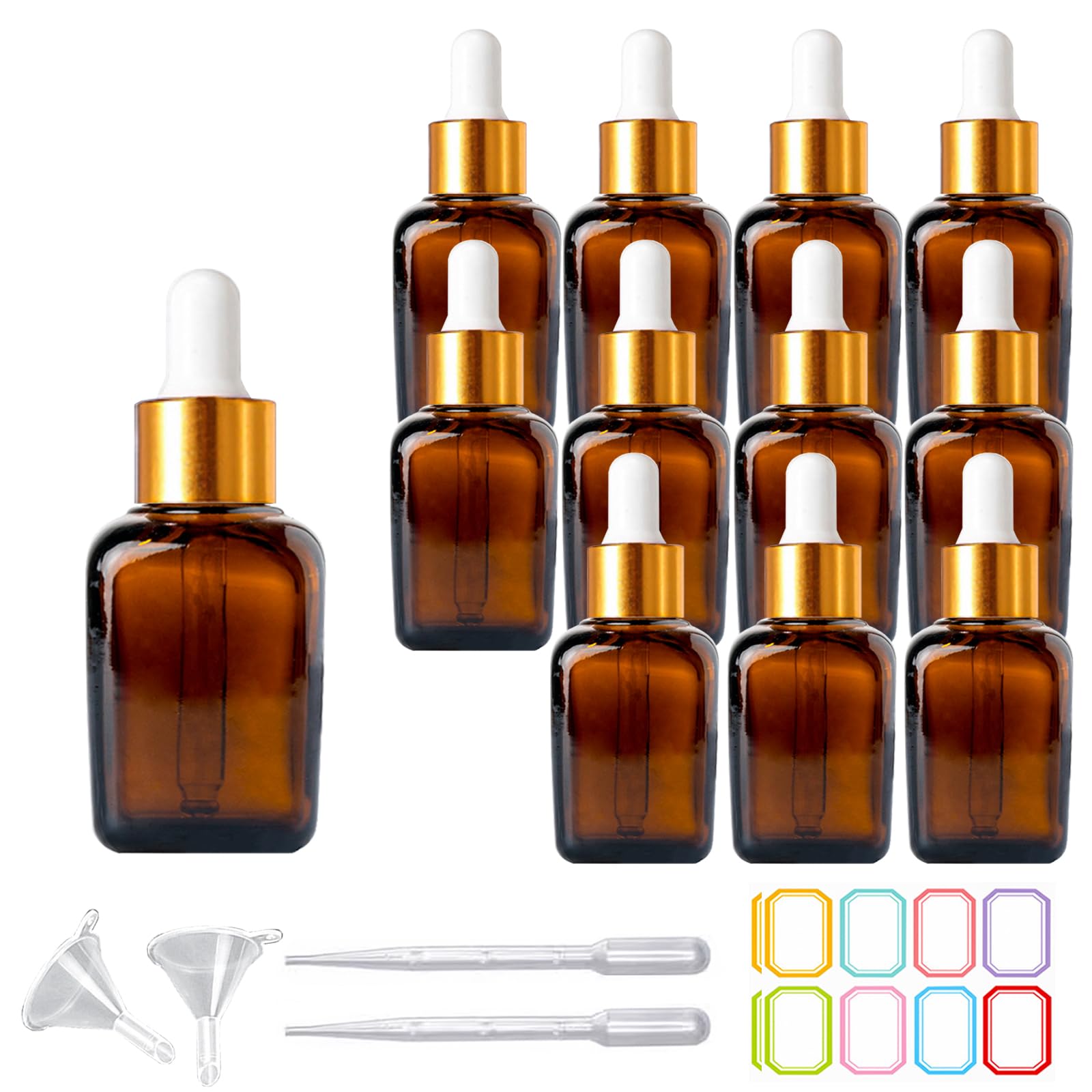 PYAWI 12Pcs 1 oz Square Dropper Bottles for Essential Oils, 30ml Amber Square Bottles with Eye Droppers,tincture bottles,for Essential Oils,Liquids,