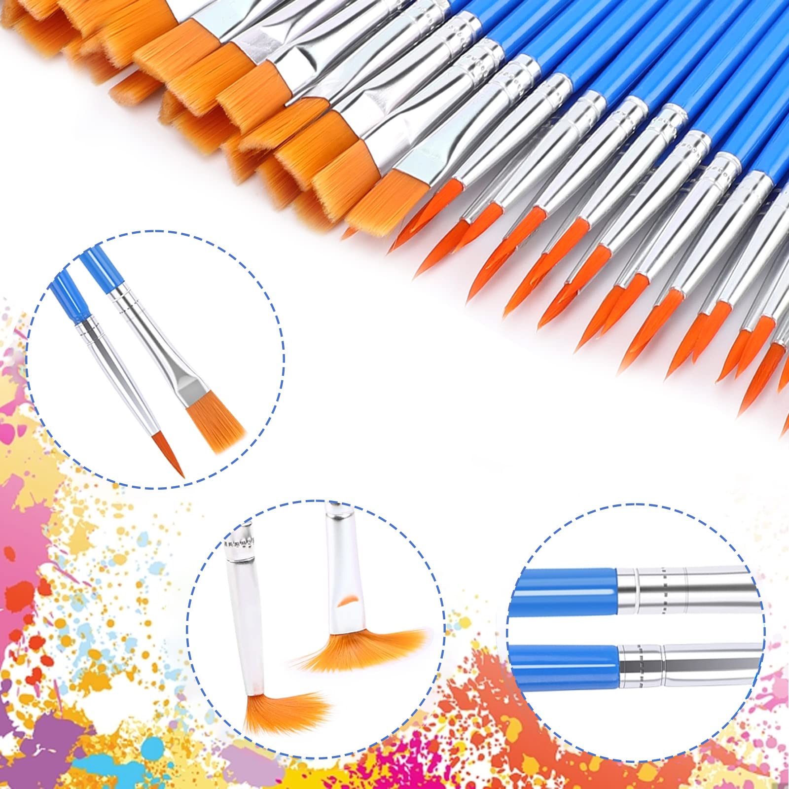 Lot De 60 Pinceaux De Peinture Professionnels Ronds Et Plats à Pointe Fine, Parfaits Pour Les Débutants, Les Enfants Et Les Amateurs D'art, Parfaits Pour L'aquarelle, L'acrylique Et La Peinture à