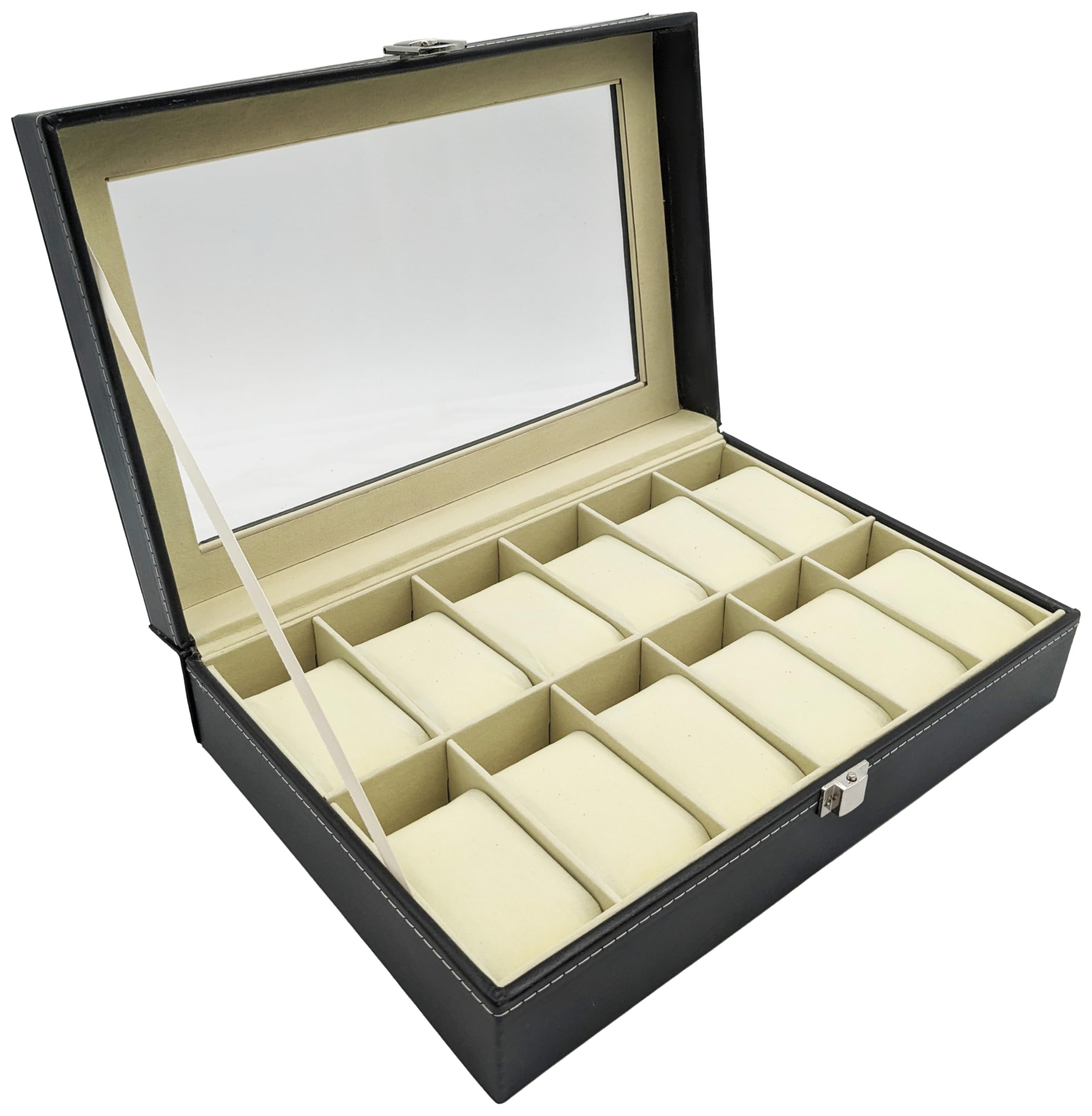 Science Purchase Large Watch Box with 12 Compartments, Black Faux Leather Display Case with Glass Top - Jewelry Organizer (13" x 7½" x 3½")