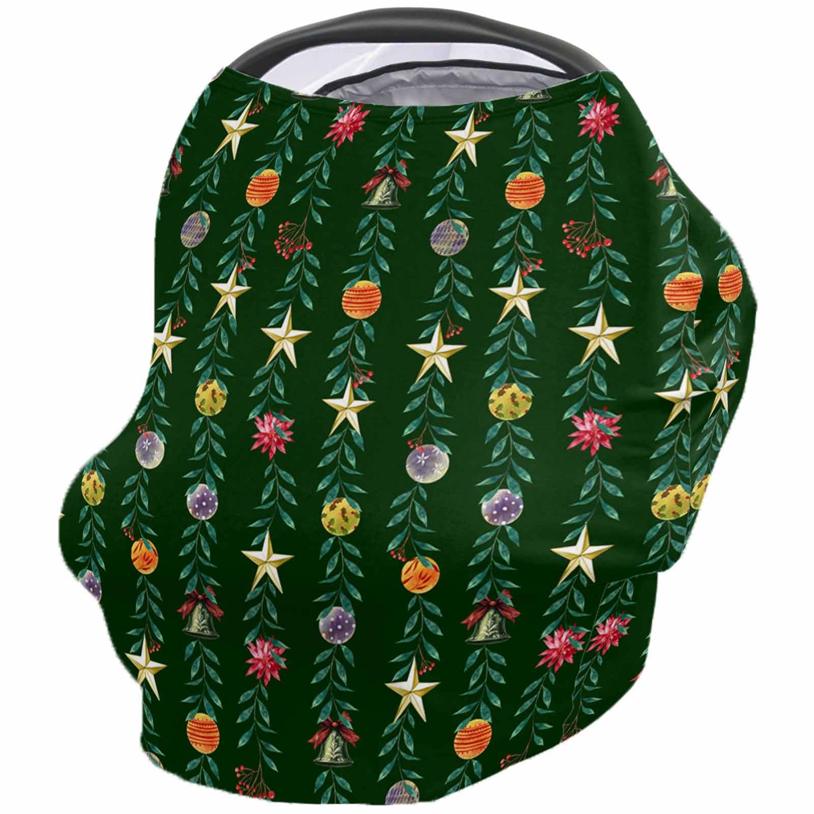 Nursing Cover for Breastfeeding Scarf, Christmas Winter Plants Stars Bell Berries Green Baby Car Covers Super Soft Multi Use for Canopy Shopping Cart Cover Blanket Stroller Cover