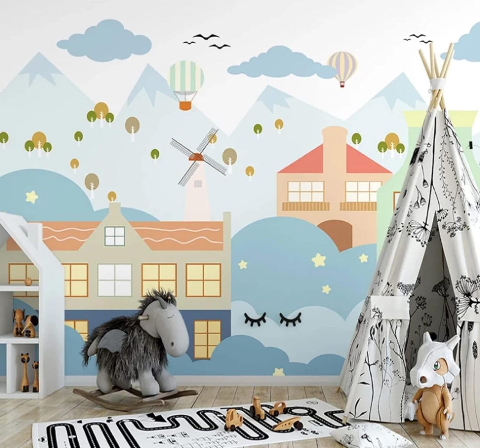 XLMING Cartoon Small House Mountain Peaks Hot Air Balloon Landscape 3D Wallpaper Luxury Home Dining Decor Paste Sofa Living Room The Wall for Bedroom Mural-200cm×140cm