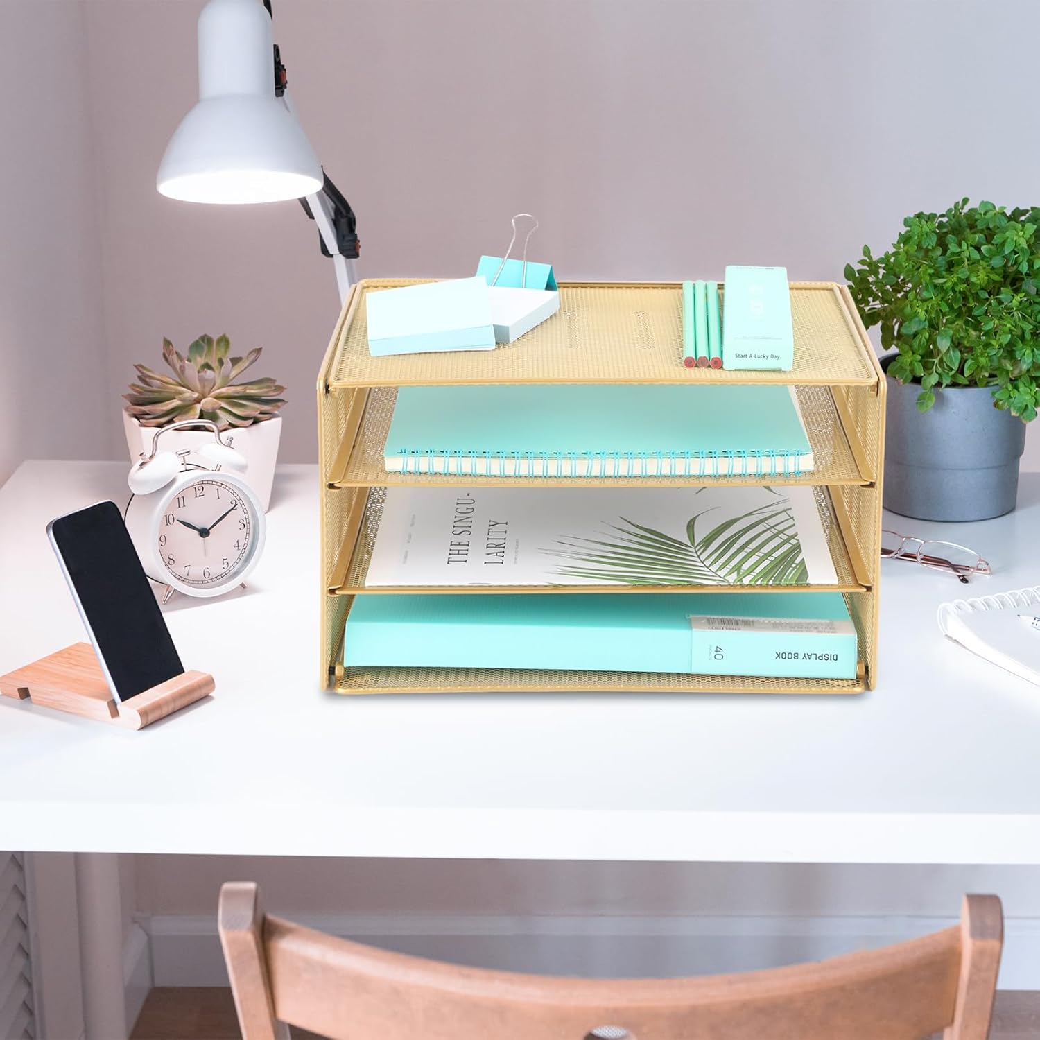 EASEPRES Paper Organizer Tray, 3 Tier Mesh Desk File Organizer Letter Sorter Holder for Home Office, Gold