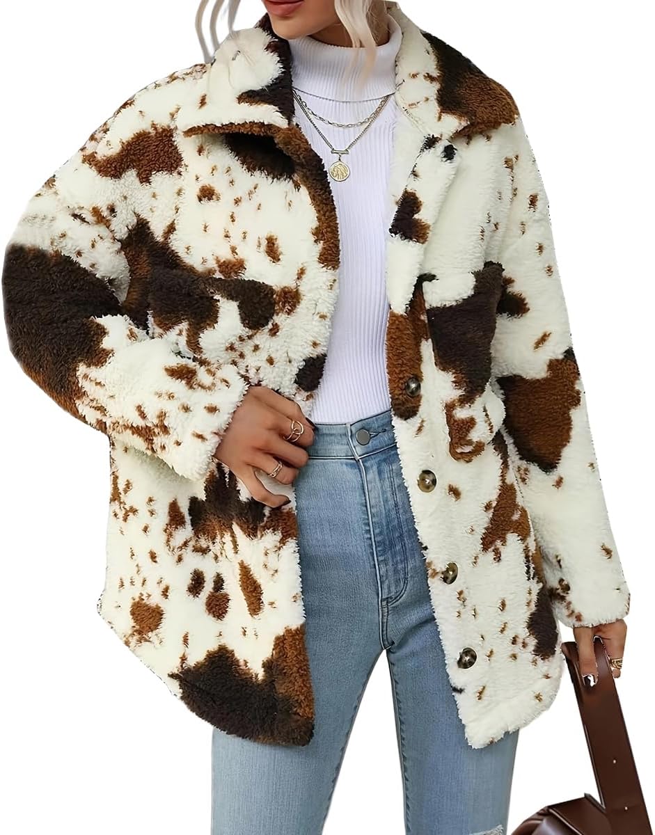HBER Women's Casual Faux Fur Jacket Trendy Long Sleeve Button Up Cow Print Autumn Winter Loose Sherpa Fur Coats with Pockets